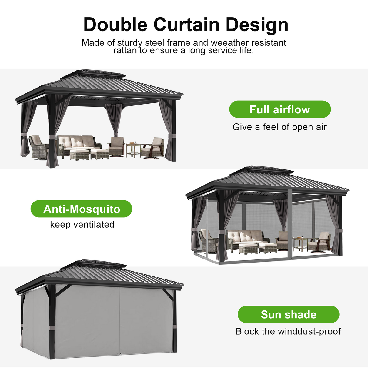 Sunvanta Haven™ 10 × 12 ft Grey Hardtop Gazebo – Aluminum Outdoor Shelter with Ventilated Roof & Curtains