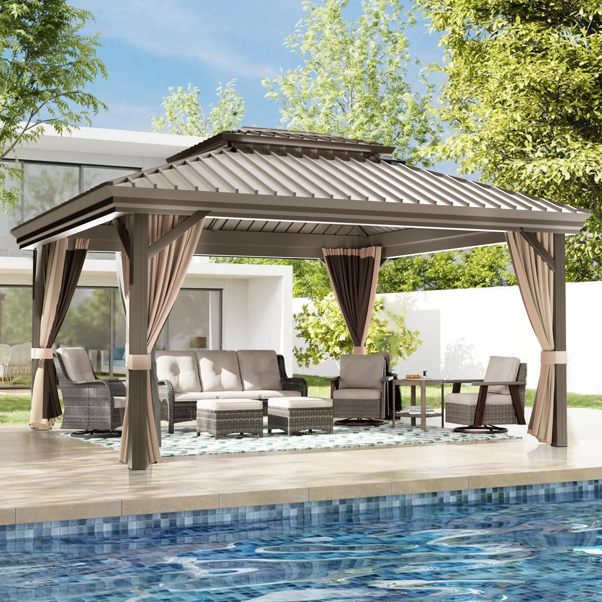Sunvanta Haven Luxury Hardtop Gazebo with 4.7” × 4.7” Reinforced Aluminum Posts, Integrated Drainage System, Curtains & Netting for Patio & Backyard Use