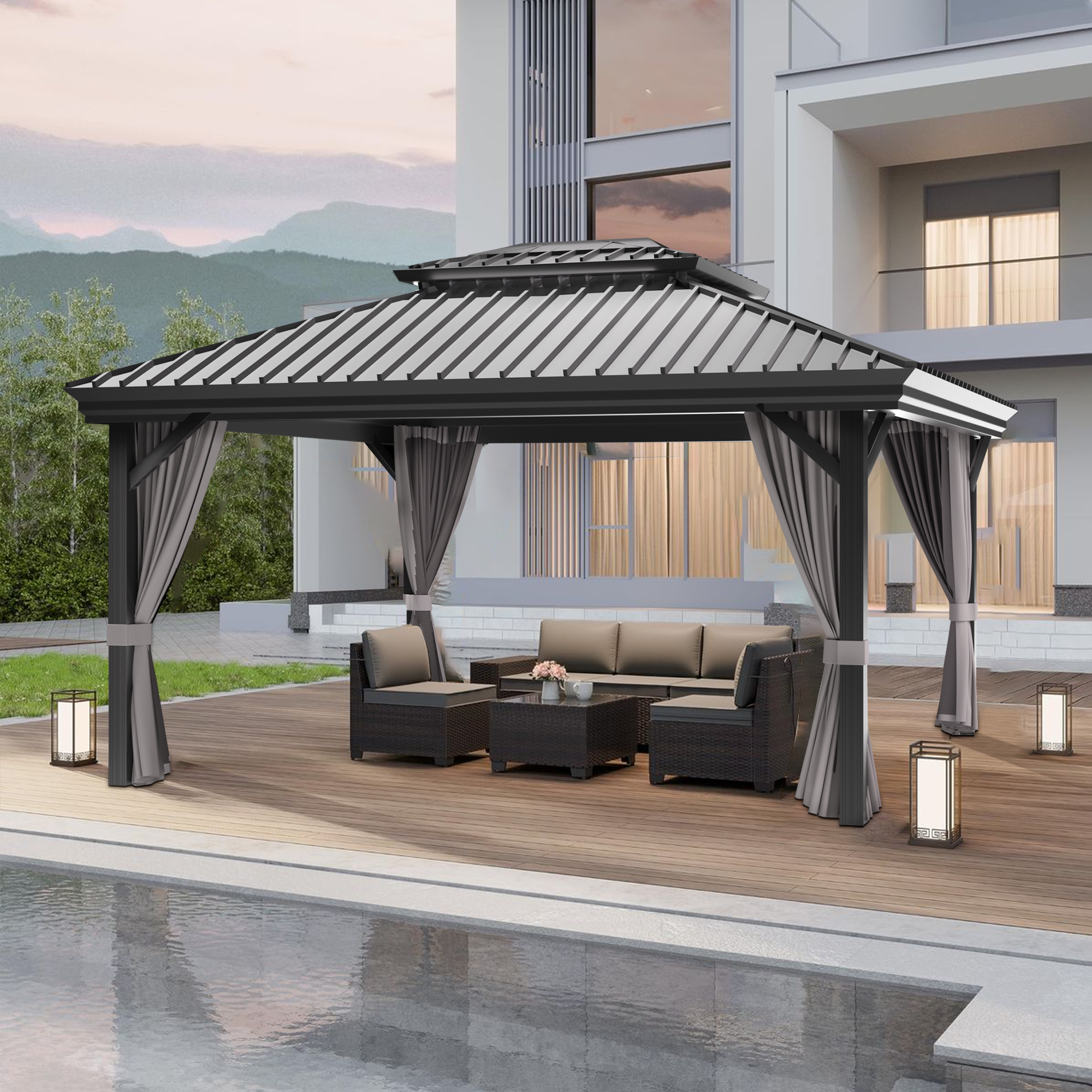 Sunvanta Haven Luxury Hardtop Gazebo with 4.7” × 4.7” Reinforced Aluminum Posts, Integrated Drainage System, Curtains & Netting for Patio & Backyard Use