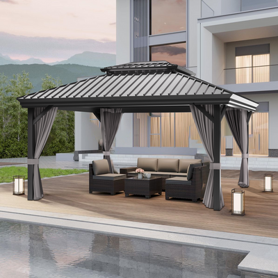 Sunvanta Haven 10 × 14 ft Aluminum Hardtop Gazebo – Ventilated Roof with Curtains for Patio & Backyard