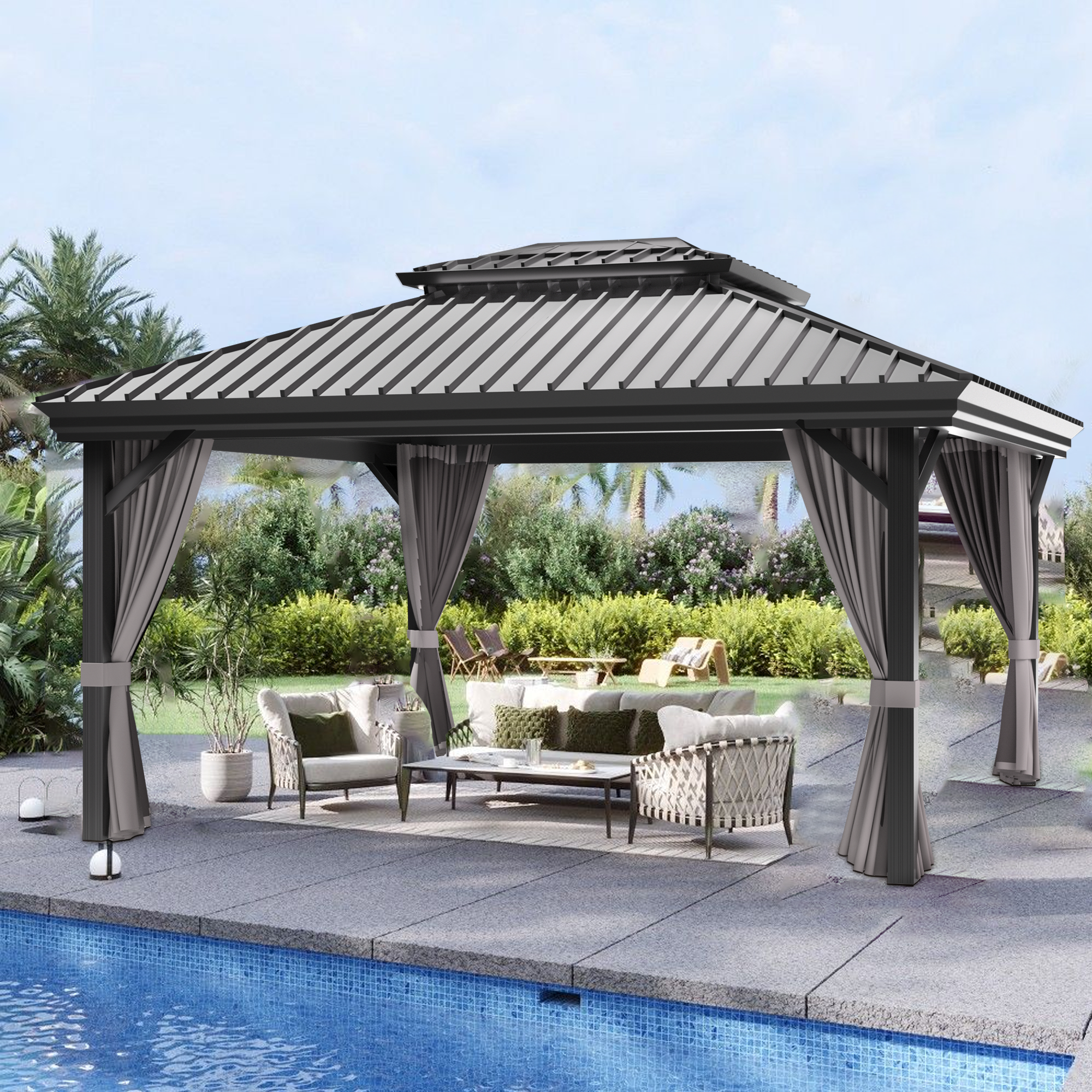 Sunvanta Haven Luxury Hardtop Gazebo with 4.7” × 4.7” Reinforced Aluminum Posts, Integrated Drainage System, Curtains & Netting for Patio & Backyard Use