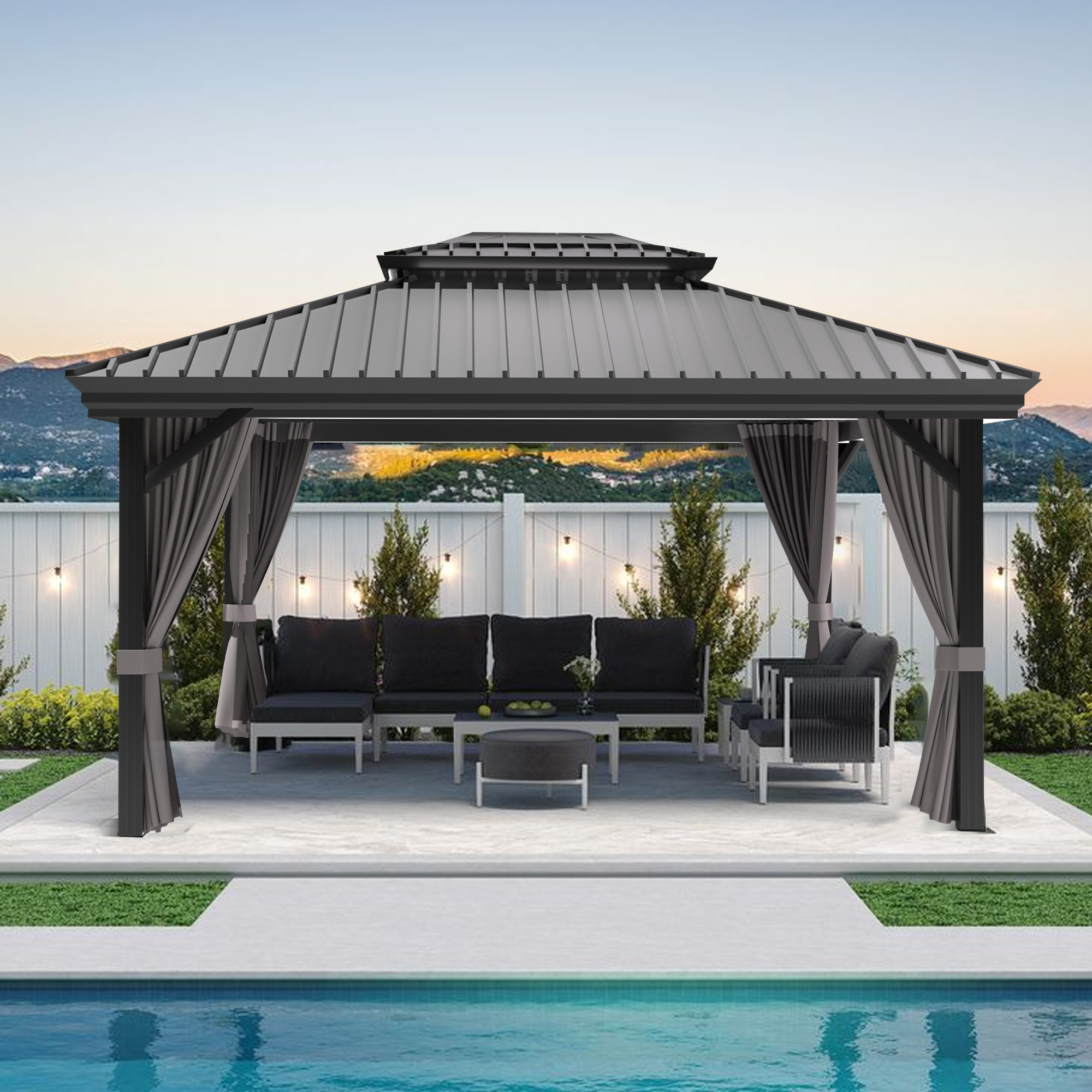 Sunvanta Haven Luxury Hardtop Gazebo with 4.7” × 4.7” Reinforced Aluminum Posts, Integrated Drainage System, Curtains & Netting for Patio & Backyard Use