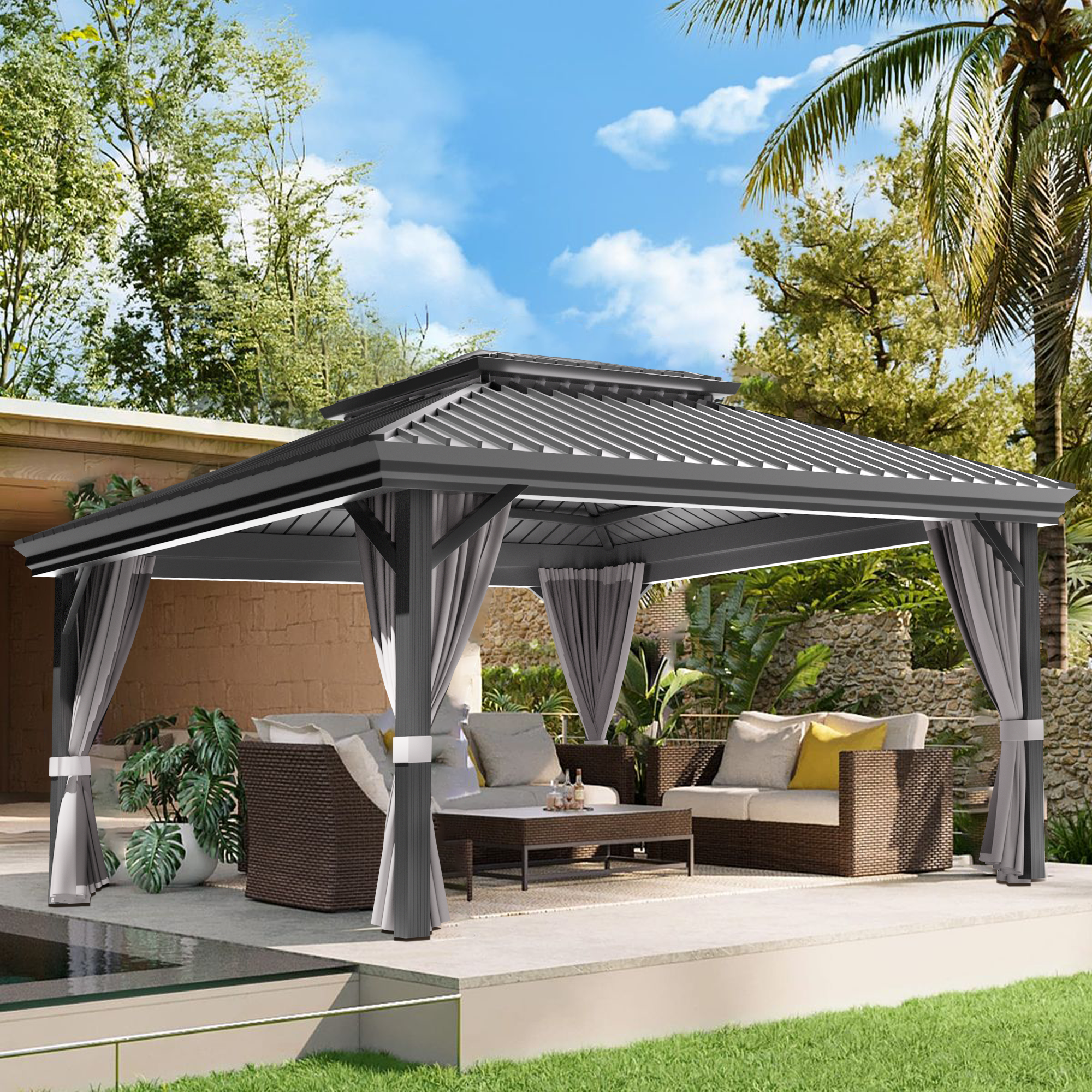 Sunvanta Haven Luxury Hardtop Gazebo with 4.7” × 4.7” Reinforced Aluminum Posts, Integrated Drainage System, Curtains & Netting for Patio & Backyard Use