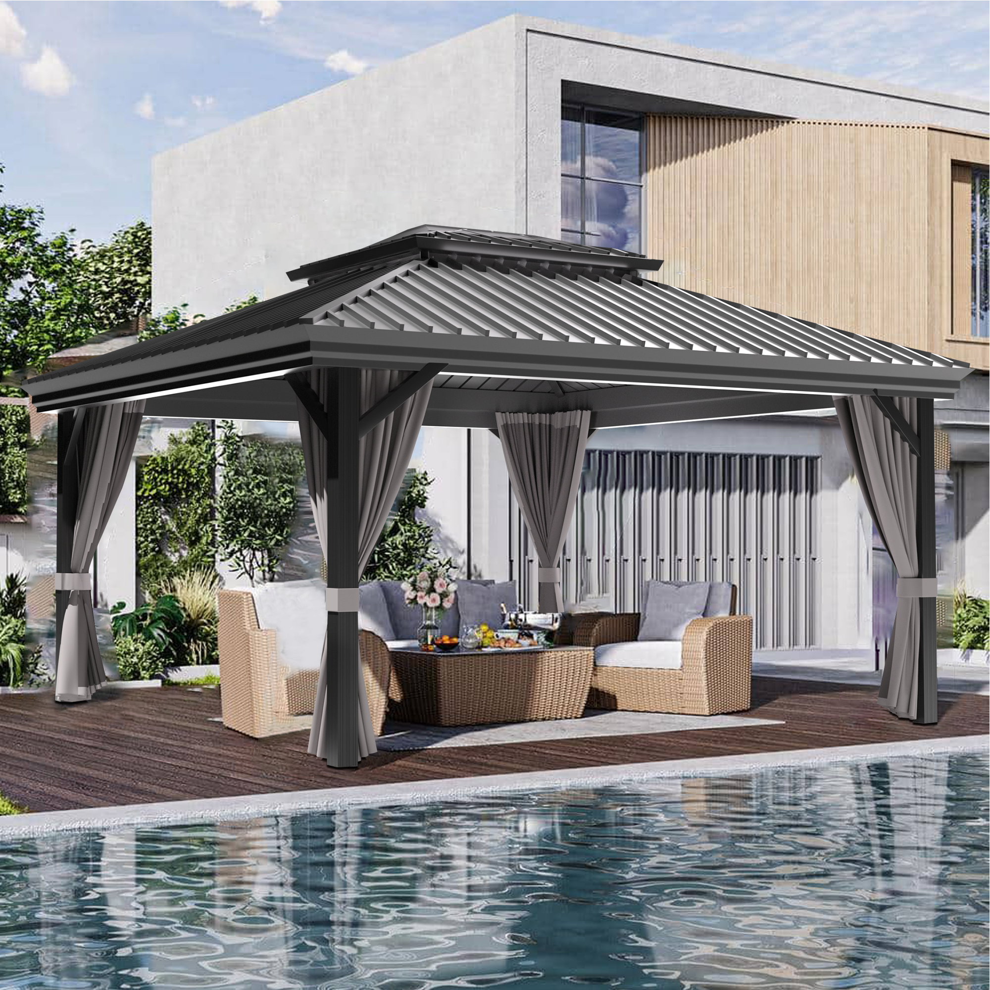 Sunvanta Haven Luxury Hardtop Gazebo with 4.7” × 4.7” Reinforced Aluminum Posts, Integrated Drainage System, Curtains & Netting for Patio & Backyard Use