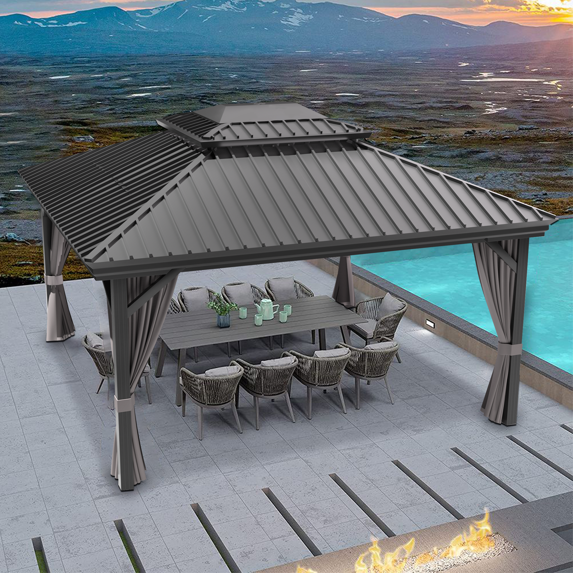 Sunvanta Haven Luxury Hardtop Gazebo with 4.7” × 4.7” Reinforced Aluminum Posts, Integrated Drainage System, Curtains & Netting for Patio & Backyard Use