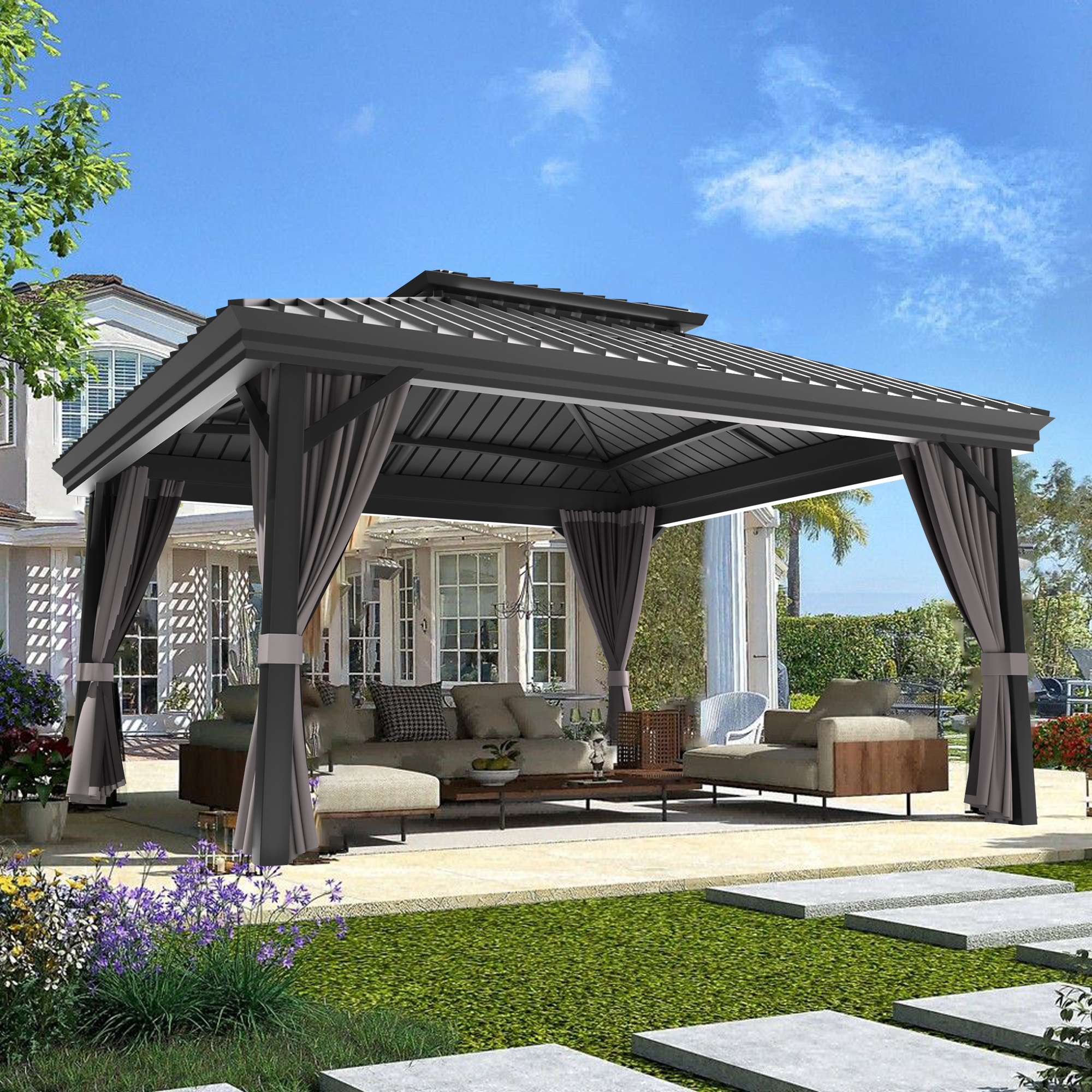 Sunvanta Haven Luxury Hardtop Gazebo with 4.7” × 4.7” Reinforced Aluminum Posts, Integrated Drainage System, Curtains & Netting for Patio & Backyard Use
