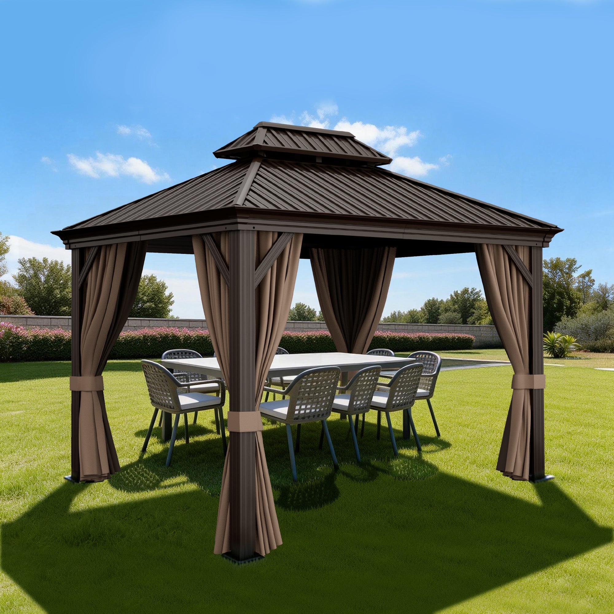 Sunvanta Haven Luxury Hardtop Gazebo with 4.7” × 4.7” Reinforced Aluminum Posts, Integrated Drainage System, Curtains & Netting for Patio & Backyard Use