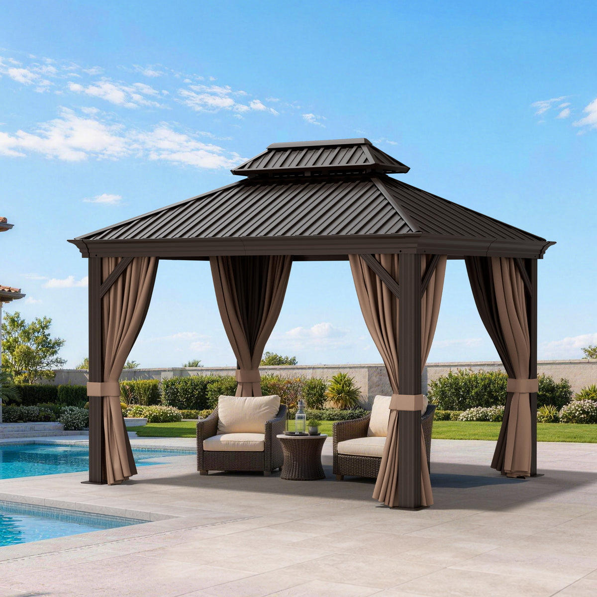 Sunvanta Haven Luxury Hardtop Gazebo with 4.7” × 4.7” Reinforced Aluminum Posts, Integrated Drainage System, Curtains & Netting for Patio & Backyard Use