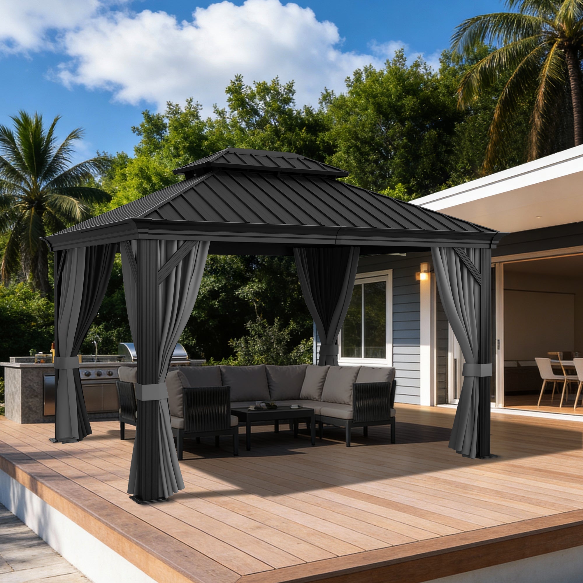 Sunvanta Haven Luxury Hardtop Gazebo with 4.7” × 4.7” Reinforced Aluminum Posts, Integrated Drainage System, Curtains & Netting for Patio & Backyard Use