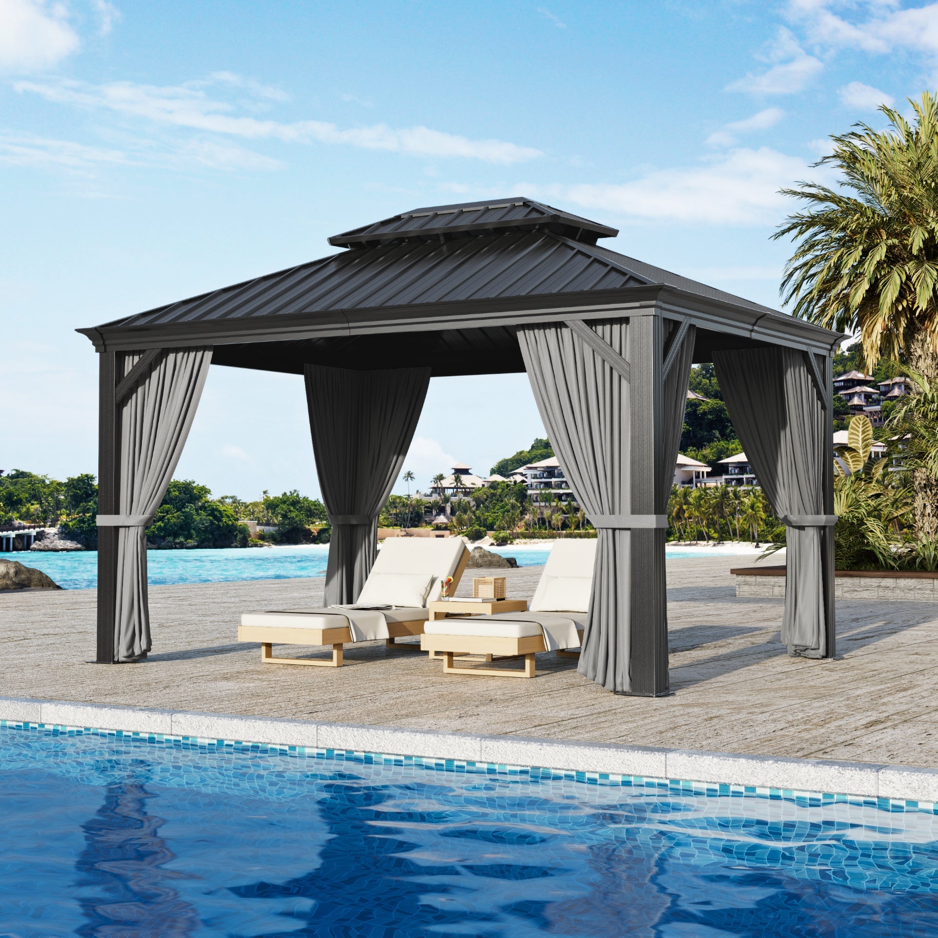 Sunvanta Haven Luxury Hardtop Gazebo with 4.7” × 4.7” Reinforced Aluminum Posts, Integrated Drainage System, Curtains & Netting for Patio & Backyard Use