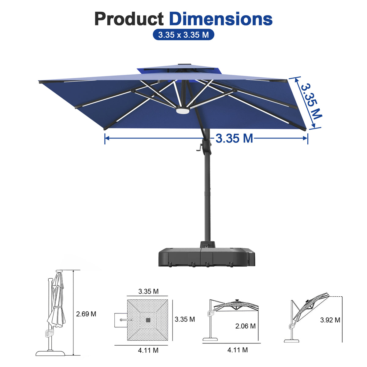 Sunvanta Auron Premium Cantilever Umbrella with Full-Rib LED Strip Lighting, Reinforced Fibreglass Ribs and Powder-Coated Aluminium Pole for Luxury Patio & Garden Shade