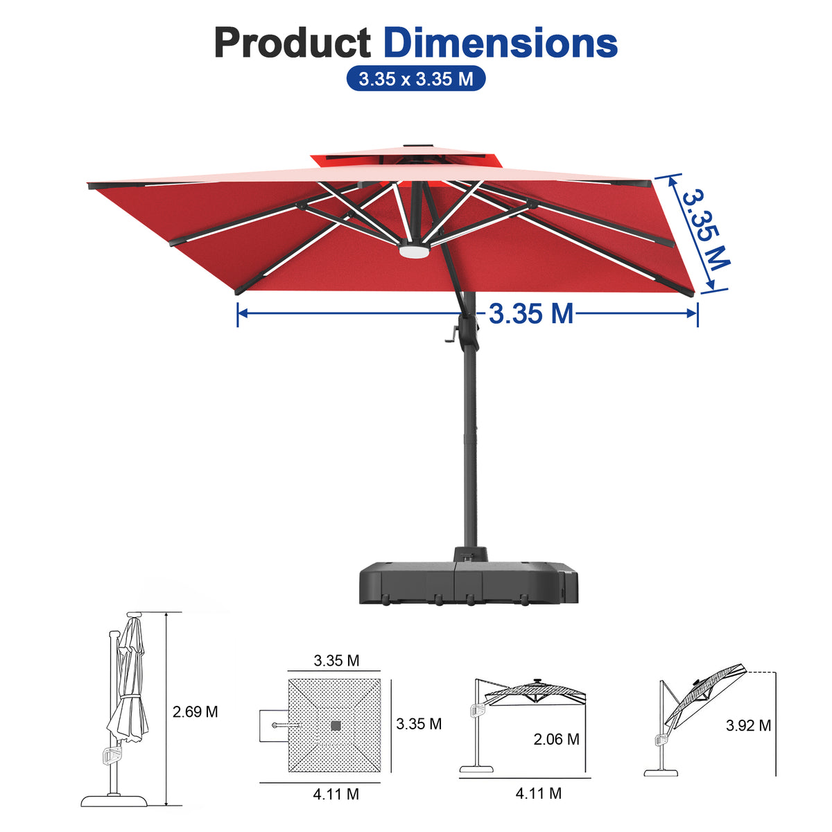 Sunvanta Auron Premium Cantilever Umbrella with Full-Rib LED Strip Lighting, Reinforced Fibreglass Ribs and Powder-Coated Aluminium Pole for Luxury Patio & Garden Shade