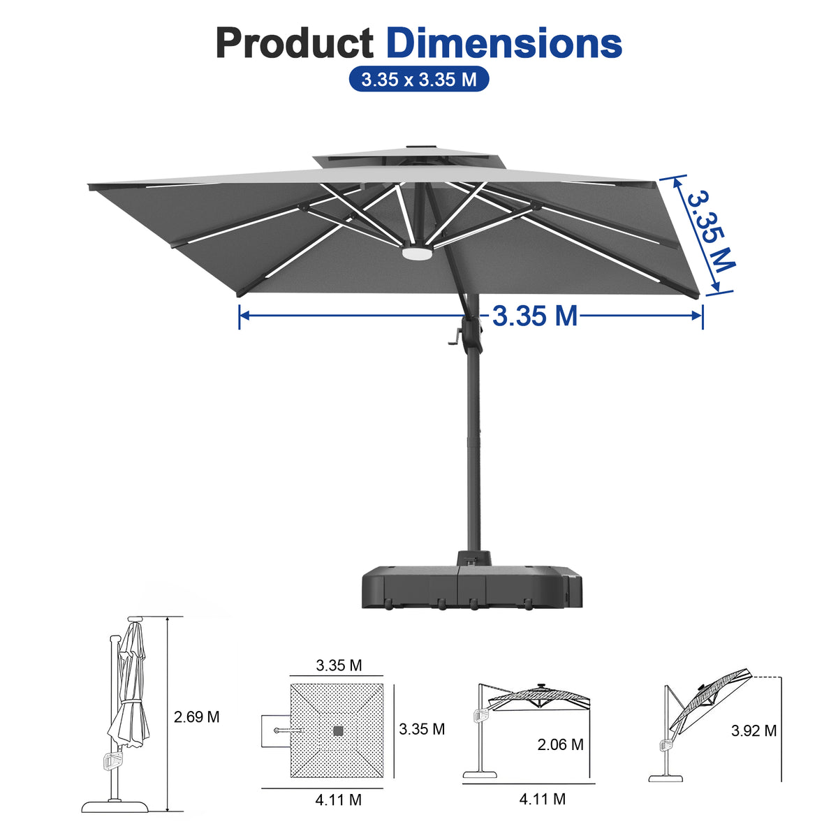 Sunvanta Auron Premium Cantilever Umbrella with Full-Rib LED Strip Lighting, Reinforced Fibreglass Ribs and Powder-Coated Aluminium Pole for Luxury Patio & Garden Shade