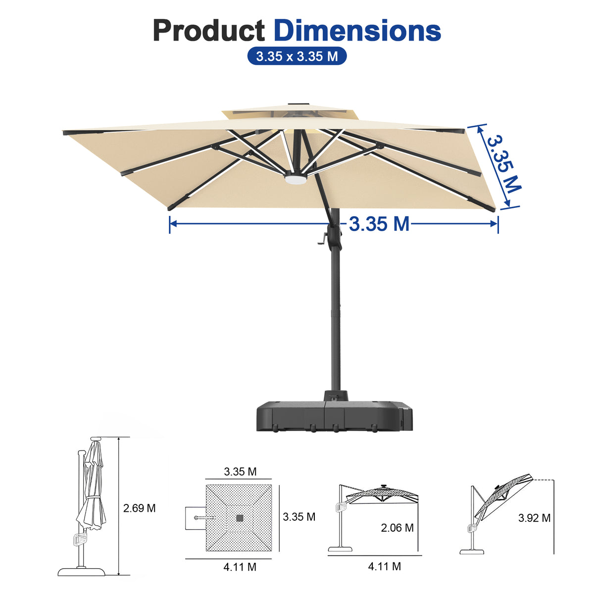 Sunvanta Auron Premium Cantilever Umbrella with Full-Rib LED Strip Lighting, Reinforced Fibreglass Ribs and Powder-Coated Aluminium Pole for Luxury Patio & Garden Shade