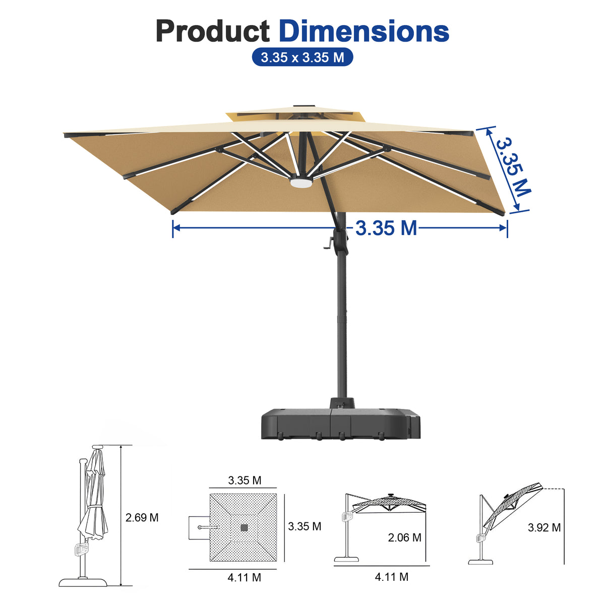Sunvanta Auron Premium Cantilever Umbrella with Full-Rib LED Strip Lighting, Reinforced Fibreglass Ribs and Powder-Coated Aluminium Pole for Luxury Patio & Garden Shade