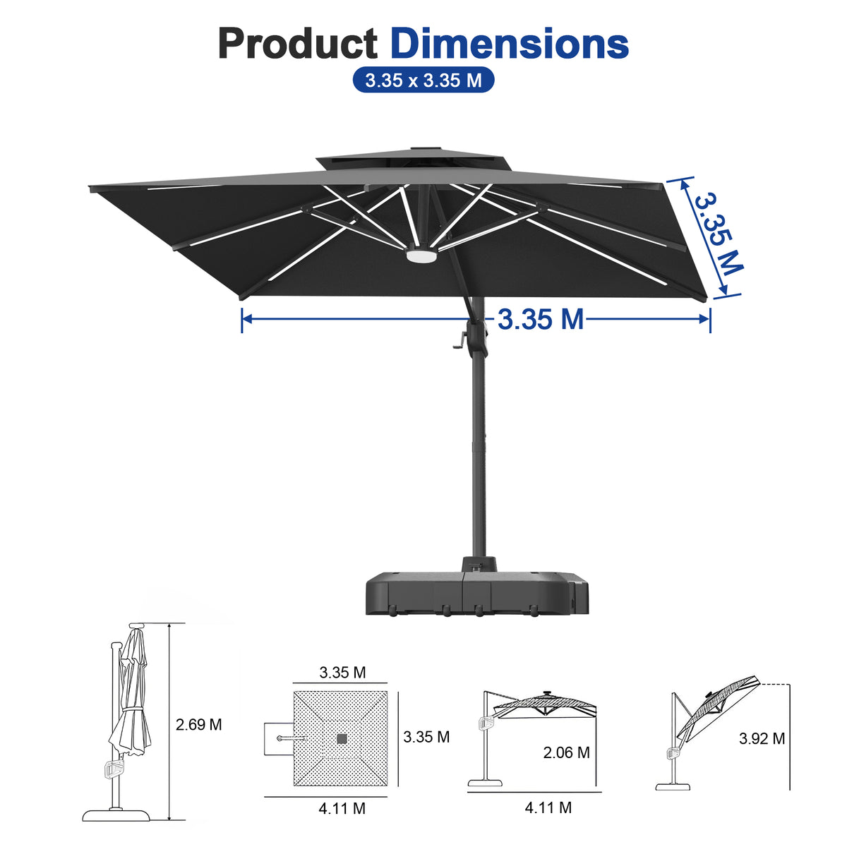 Sunvanta Auron Premium Cantilever Umbrella with Full-Rib LED Strip Lighting, Reinforced Fibreglass Ribs and Powder-Coated Aluminium Pole for Luxury Patio & Garden Shade
