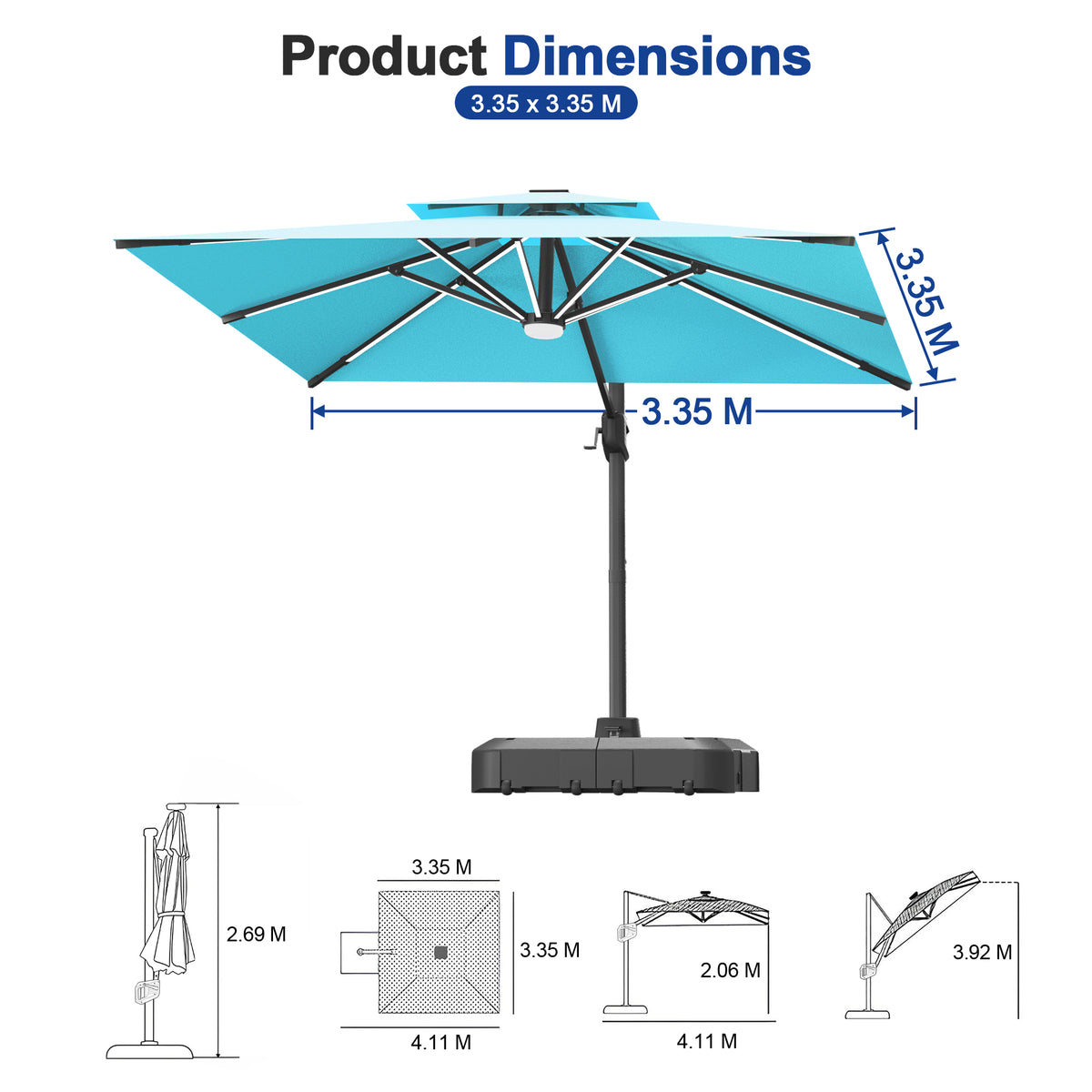Sunvanta Auron Premium Cantilever Umbrella with Full-Rib LED Strip Lighting, Reinforced Fibreglass Ribs and Powder-Coated Aluminium Pole for Luxury Patio & Garden Shade