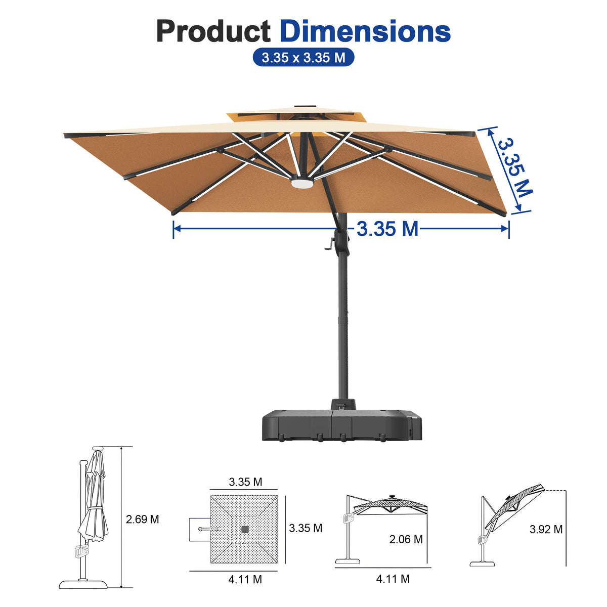 Sunvanta Auron Premium Cantilever Umbrella with Full-Rib LED Strip Lighting, Reinforced Fibreglass Ribs and Powder-Coated Aluminium Pole for Luxury Patio & Garden Shade