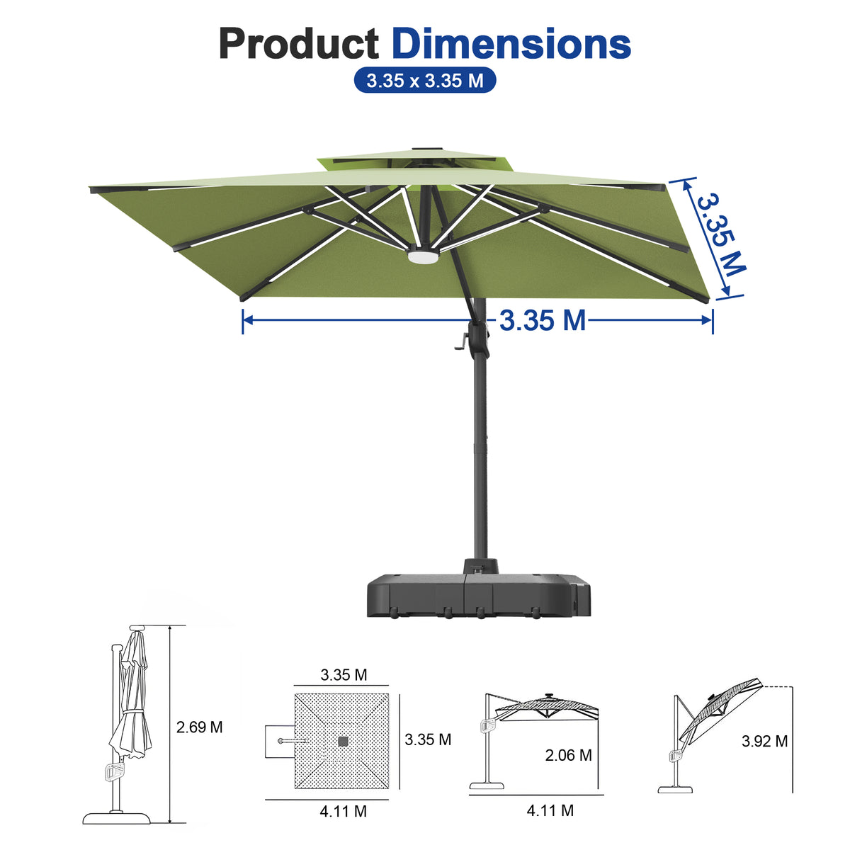Sunvanta Auron Premium Cantilever Umbrella with Full-Rib LED Strip Lighting, Reinforced Fibreglass Ribs and Powder-Coated Aluminium Pole for Luxury Patio & Garden Shade