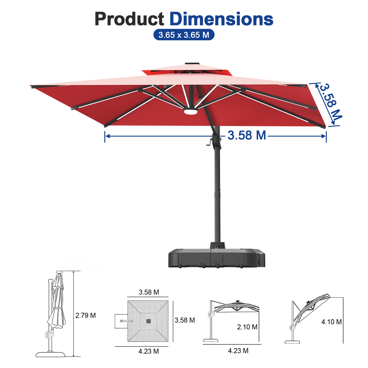 Sunvanta Auron Premium Cantilever Umbrella with Full-Rib LED Strip Lighting, Reinforced Fibreglass Ribs and Powder-Coated Aluminium Pole for Luxury Patio & Garden Shade