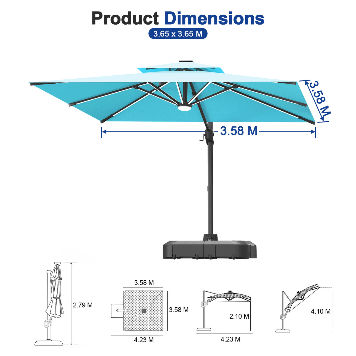 Sunvanta Auron Premium Cantilever Umbrella with Full-Rib LED Strip Lighting, Reinforced Fibreglass Ribs and Powder-Coated Aluminium Pole for Luxury Patio & Garden Shade