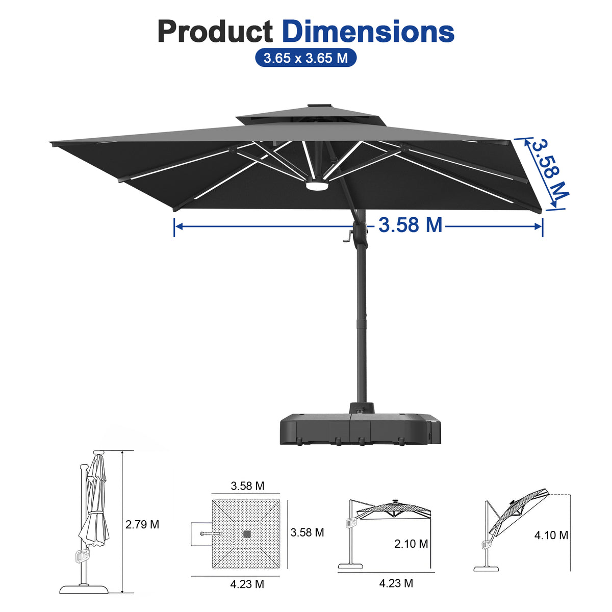 Sunvanta Auron Premium Cantilever Umbrella with Full-Rib LED Strip Lighting, Reinforced Fibreglass Ribs and Powder-Coated Aluminium Pole for Luxury Patio & Garden Shade