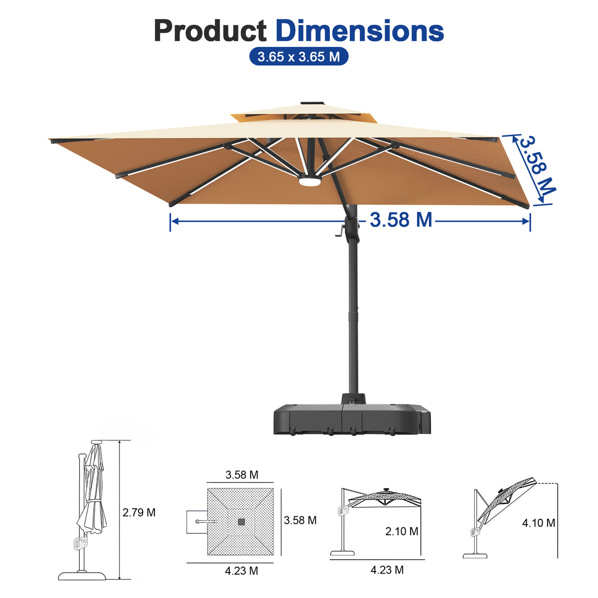 Sunvanta Auron Premium Cantilever Umbrella with Full-Rib LED Strip Lighting, Reinforced Fibreglass Ribs and Powder-Coated Aluminium Pole for Luxury Patio & Garden Shade