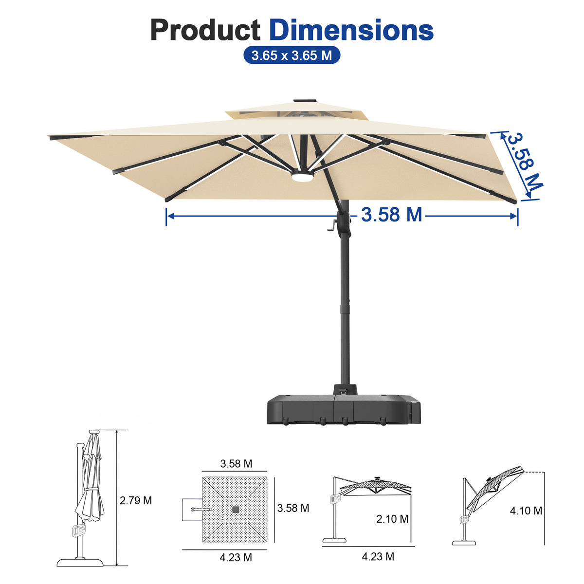 Sunvanta Auron Premium Cantilever Umbrella with Full-Rib LED Strip Lighting, Reinforced Fibreglass Ribs and Powder-Coated Aluminium Pole for Luxury Patio & Garden Shade