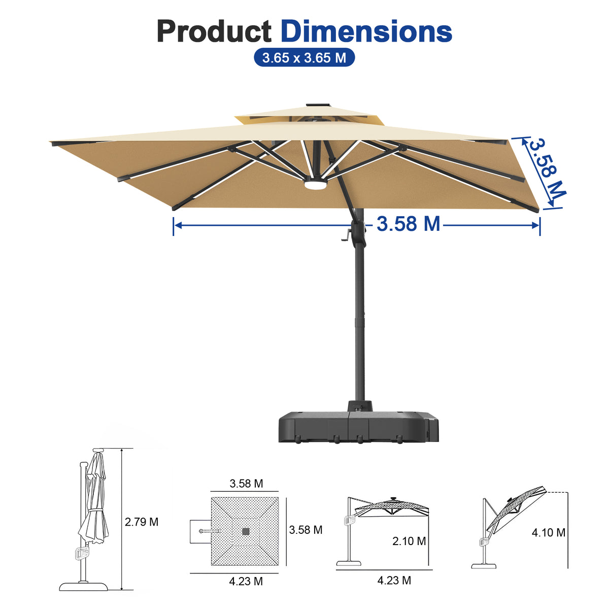 Sunvanta Auron Premium Cantilever Umbrella with Full-Rib LED Strip Lighting, Reinforced Fibreglass Ribs and Powder-Coated Aluminium Pole for Luxury Patio & Garden Shade