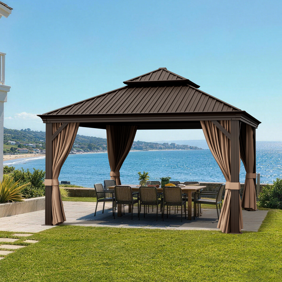 Sunvanta Haven Luxury Hardtop Gazebo with 4.7” × 4.7” Reinforced Aluminum Posts, Integrated Drainage System, Curtains & Netting for Patio & Backyard Use