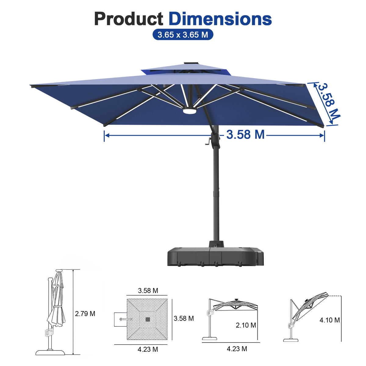 Sunvanta Auron Premium Cantilever Umbrella with Full-Rib LED Strip Lighting, Reinforced Fibreglass Ribs and Powder-Coated Aluminium Pole for Luxury Patio & Garden Shade