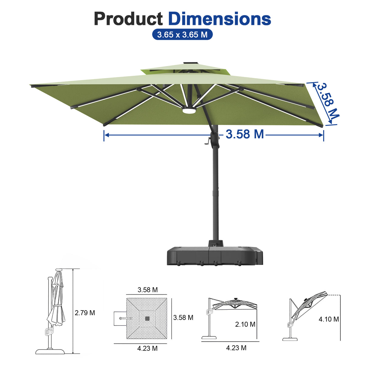 Sunvanta Auron Premium Cantilever Umbrella with Full-Rib LED Strip Lighting, Reinforced Fibreglass Ribs and Powder-Coated Aluminium Pole for Luxury Patio & Garden Shade