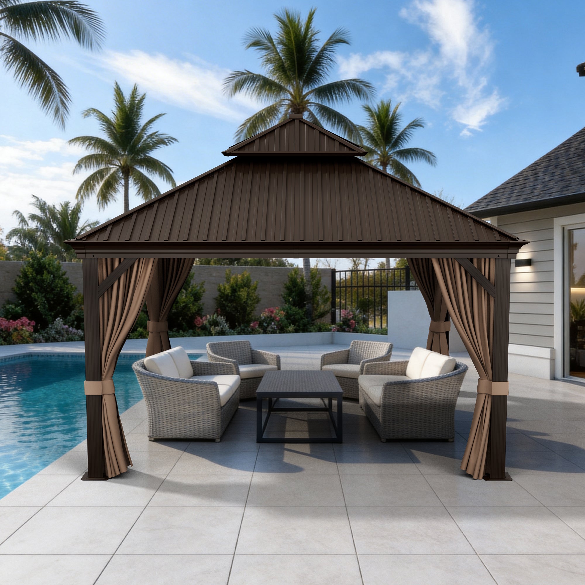 Sunvanta Haven Luxury Hardtop Gazebo with 4.7” × 4.7” Reinforced Aluminum Posts, Integrated Drainage System, Curtains & Netting for Patio & Backyard Use