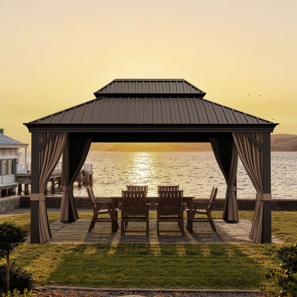 Sunvanta Haven Luxury Hardtop Gazebo with 4.7” × 4.7” Reinforced Aluminum Posts, Integrated Drainage System, Curtains & Netting for Patio & Backyard Use