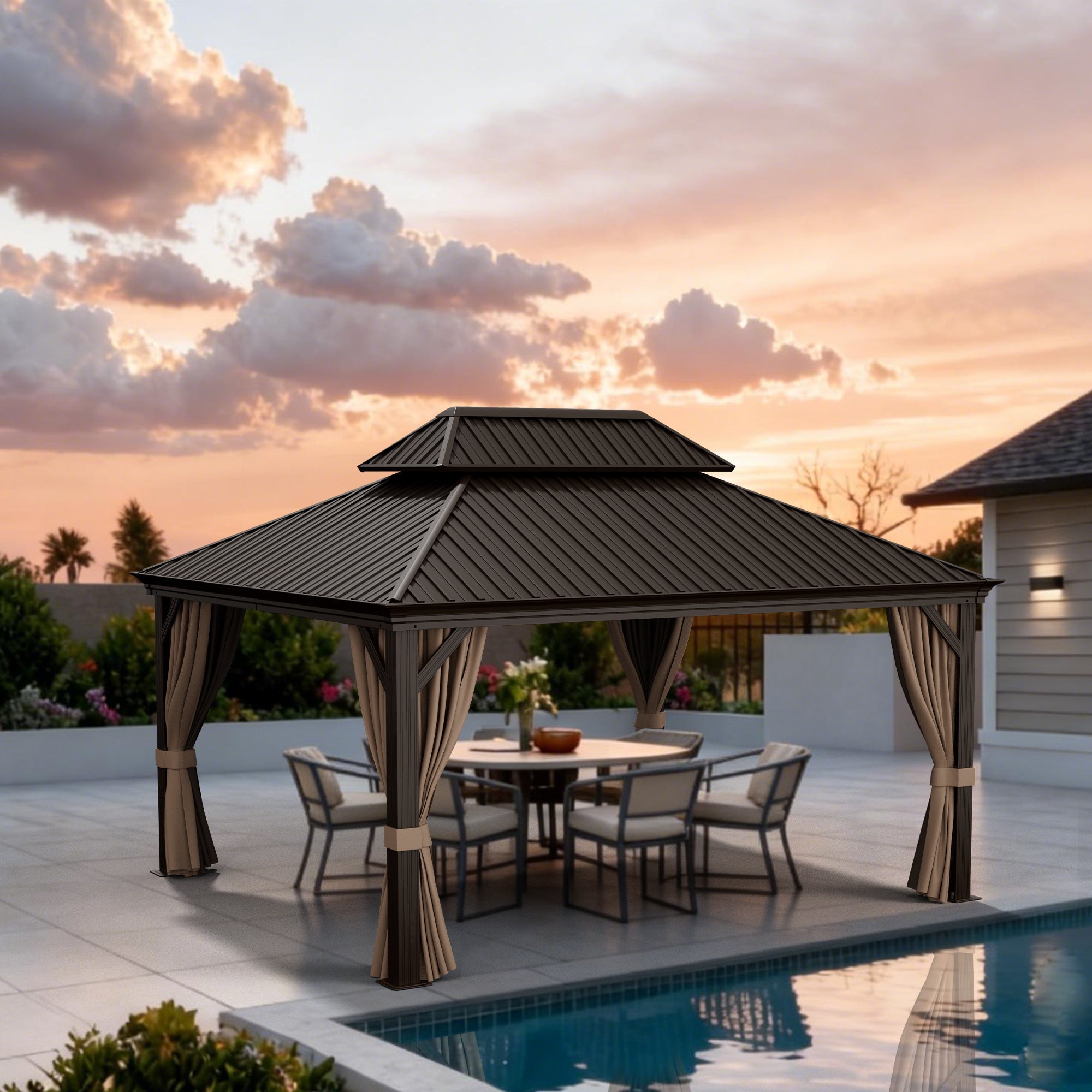 Sunvanta Haven Luxury Hardtop Gazebo with 4.7” × 4.7” Reinforced Aluminum Posts, Integrated Drainage System, Curtains & Netting for Patio & Backyard Use