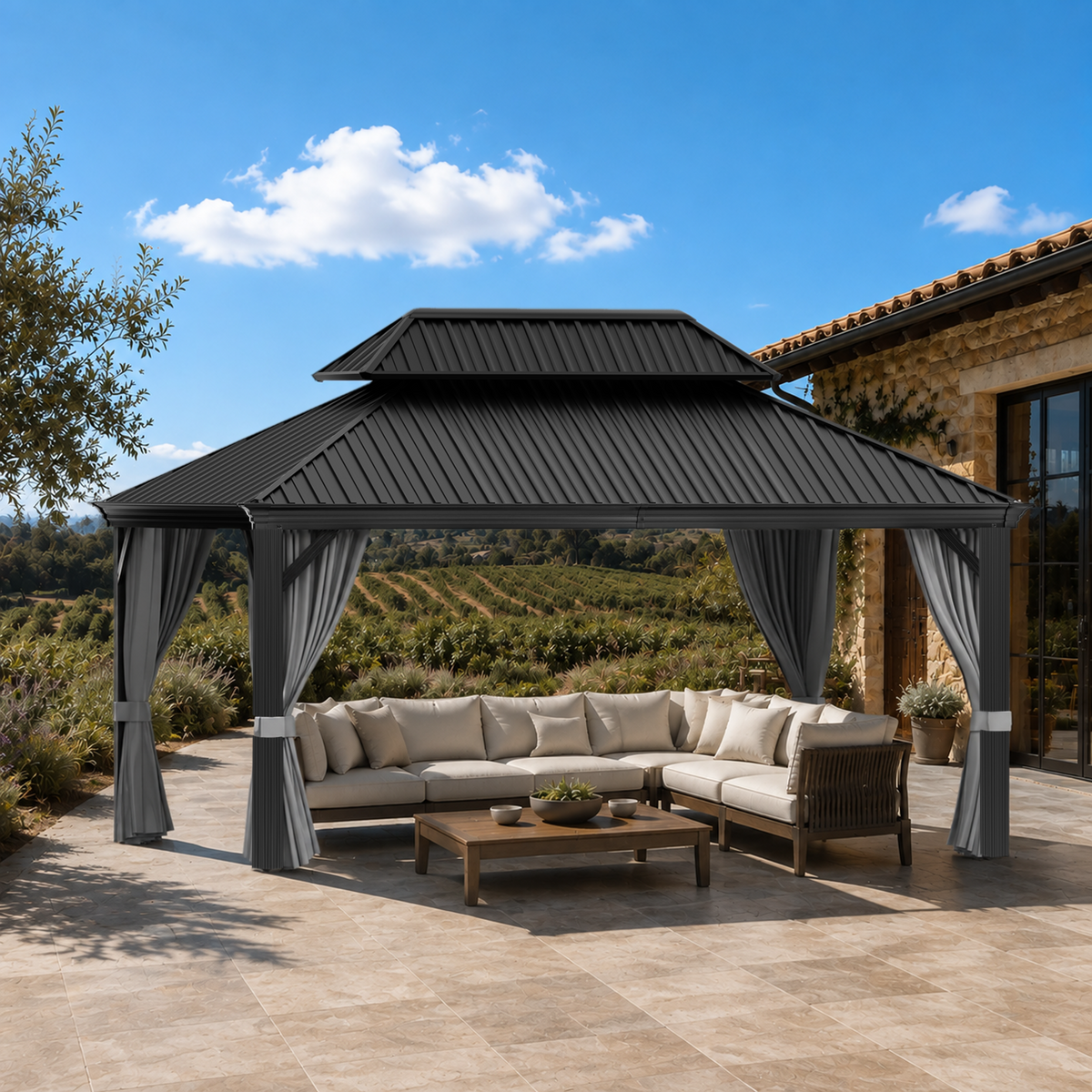 Sunvanta Haven 12 × 16 ft Aluminum Hardtop Gazebo – Ventilated Roof with Side Drapes for Patio & Backyard