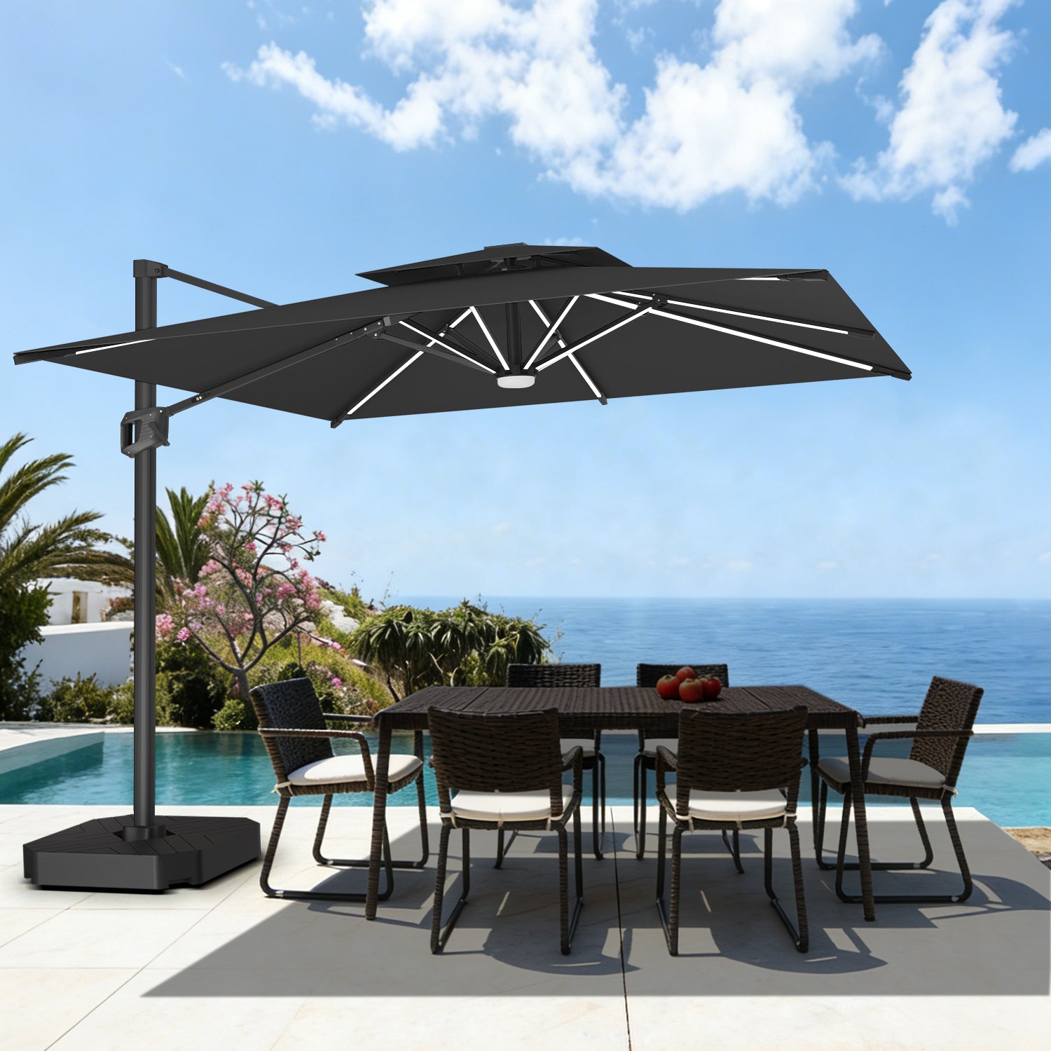 Sunvanta Auron Premium Cantilever Umbrella with Full-Rib LED Strip Lighting, Reinforced Fibreglass Ribs and Powder-Coated Aluminium Pole for Luxury Patio & Garden Shade