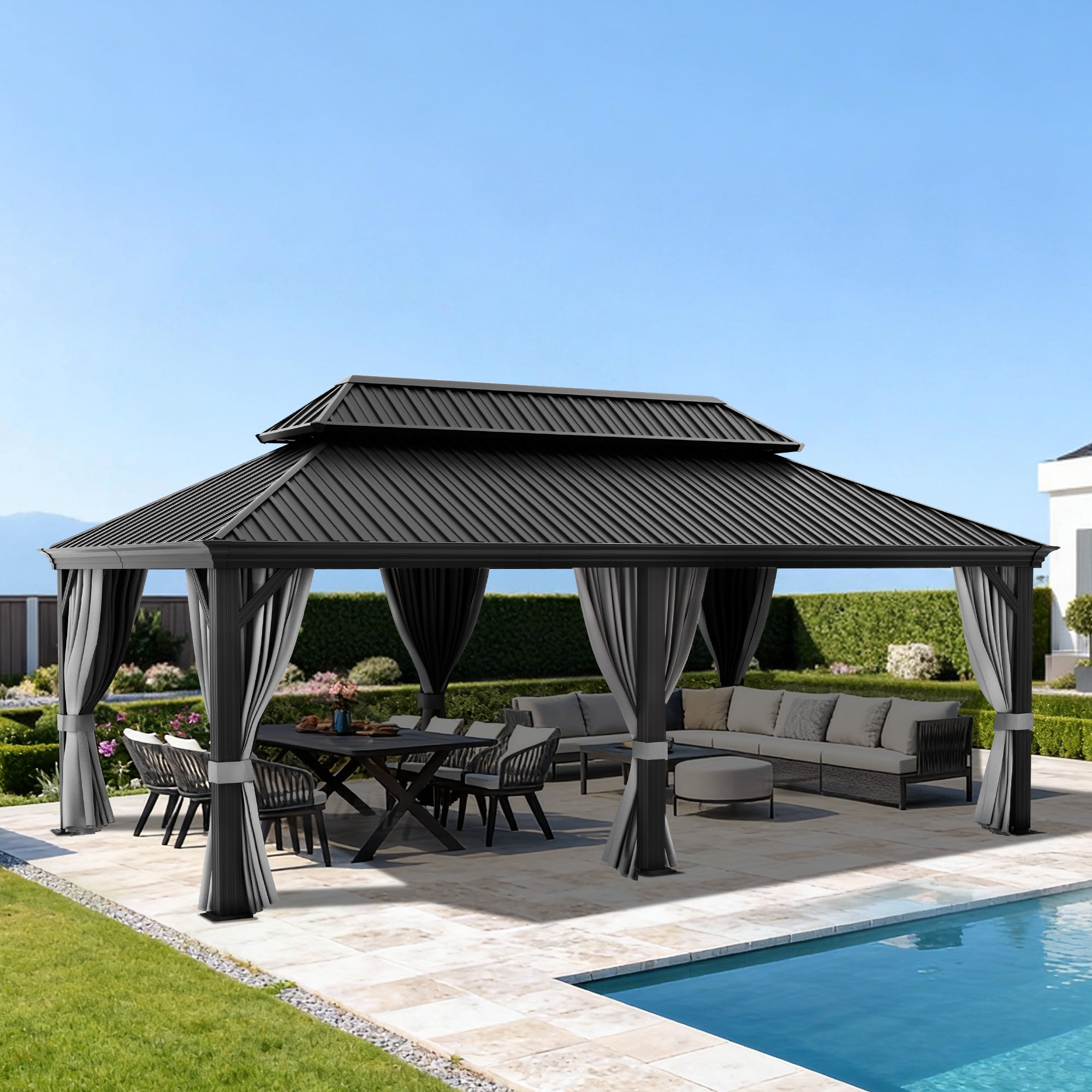 Sunvanta Haven Luxury Hardtop Gazebo with 4.7” × 4.7” Reinforced Aluminum Posts, Integrated Drainage System, Curtains & Netting for Patio & Backyard Use