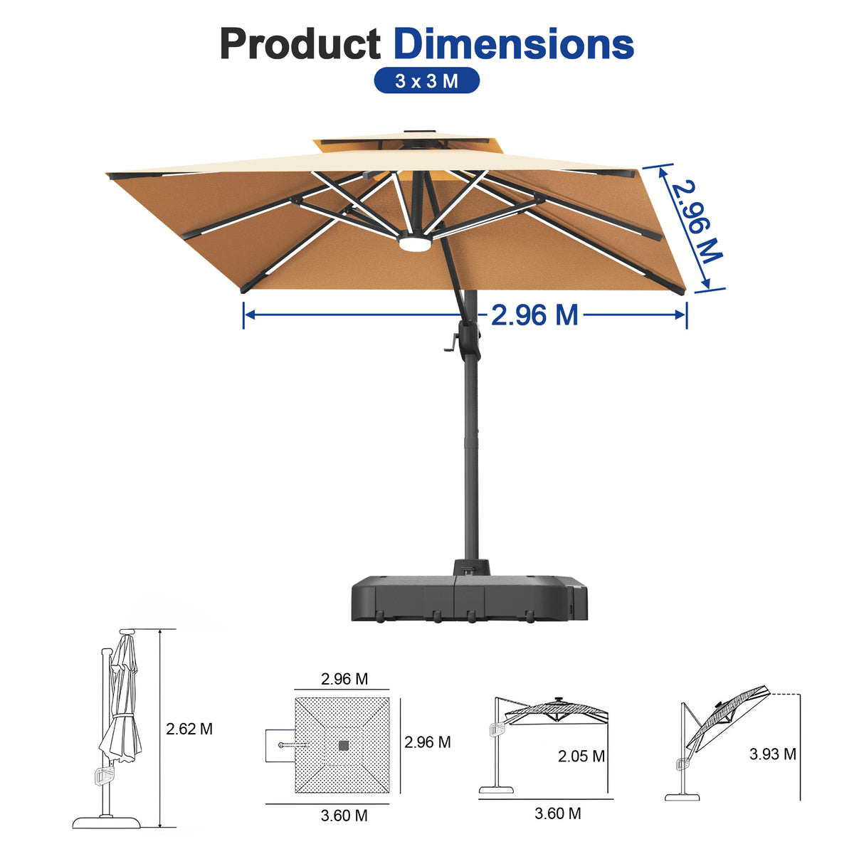 Sunvanta Auron Premium Cantilever Umbrella with Full-Rib LED Strip Lighting, Reinforced Fibreglass Ribs and Powder-Coated Aluminium Pole for Luxury Patio & Garden Shade