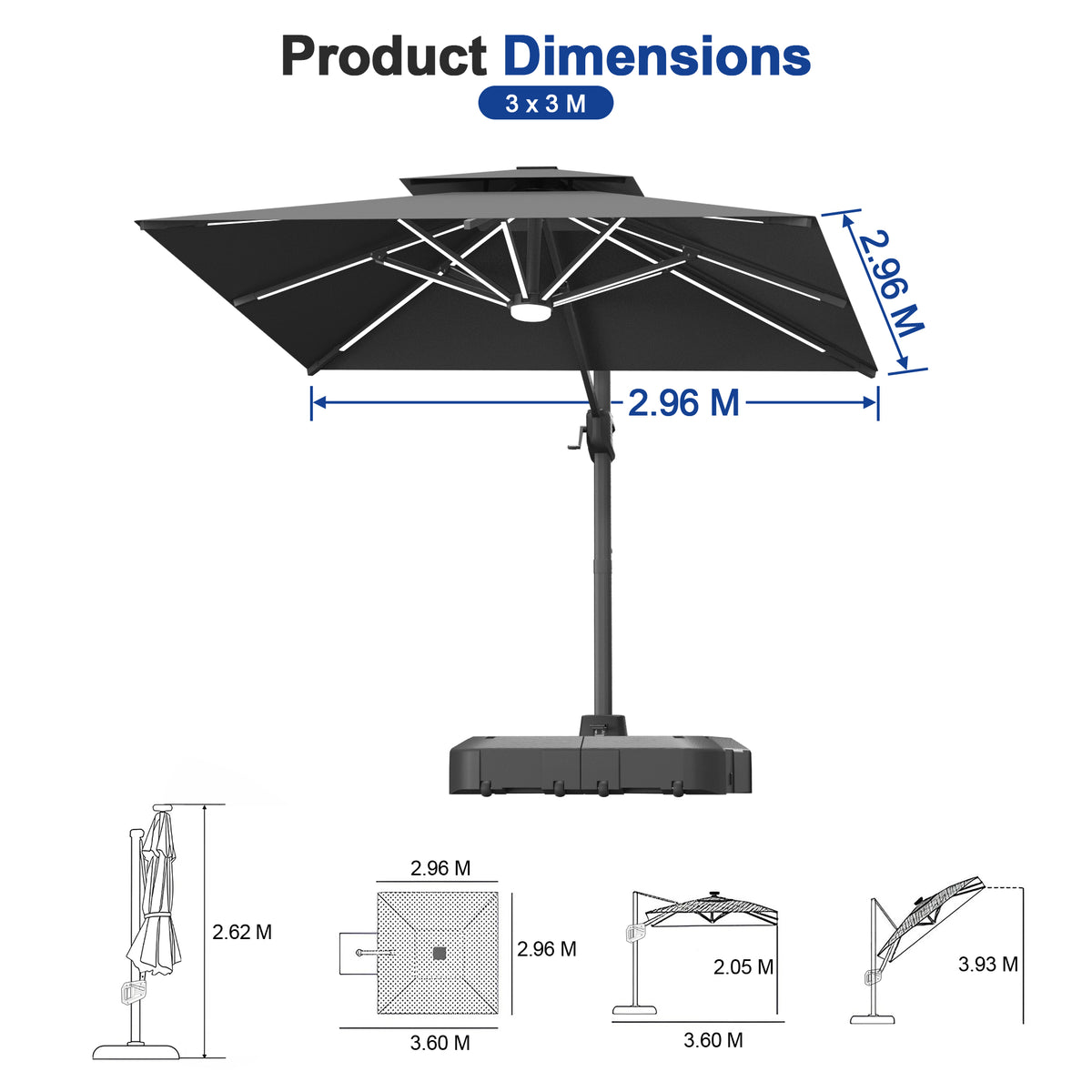 Sunvanta Auron Premium Cantilever Umbrella with Full-Rib LED Strip Lighting, Reinforced Fibreglass Ribs and Powder-Coated Aluminium Pole for Luxury Patio & Garden Shade