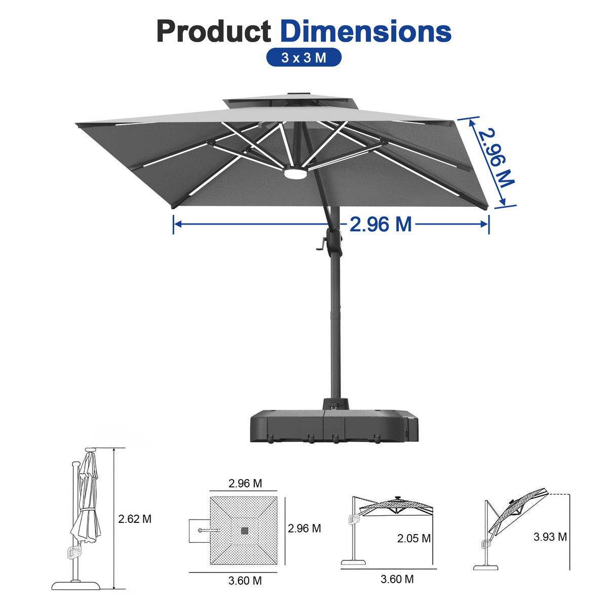 Sunvanta Auron Premium Cantilever Umbrella with Full-Rib LED Strip Lighting, Reinforced Fibreglass Ribs and Powder-Coated Aluminium Pole for Luxury Patio & Garden Shade