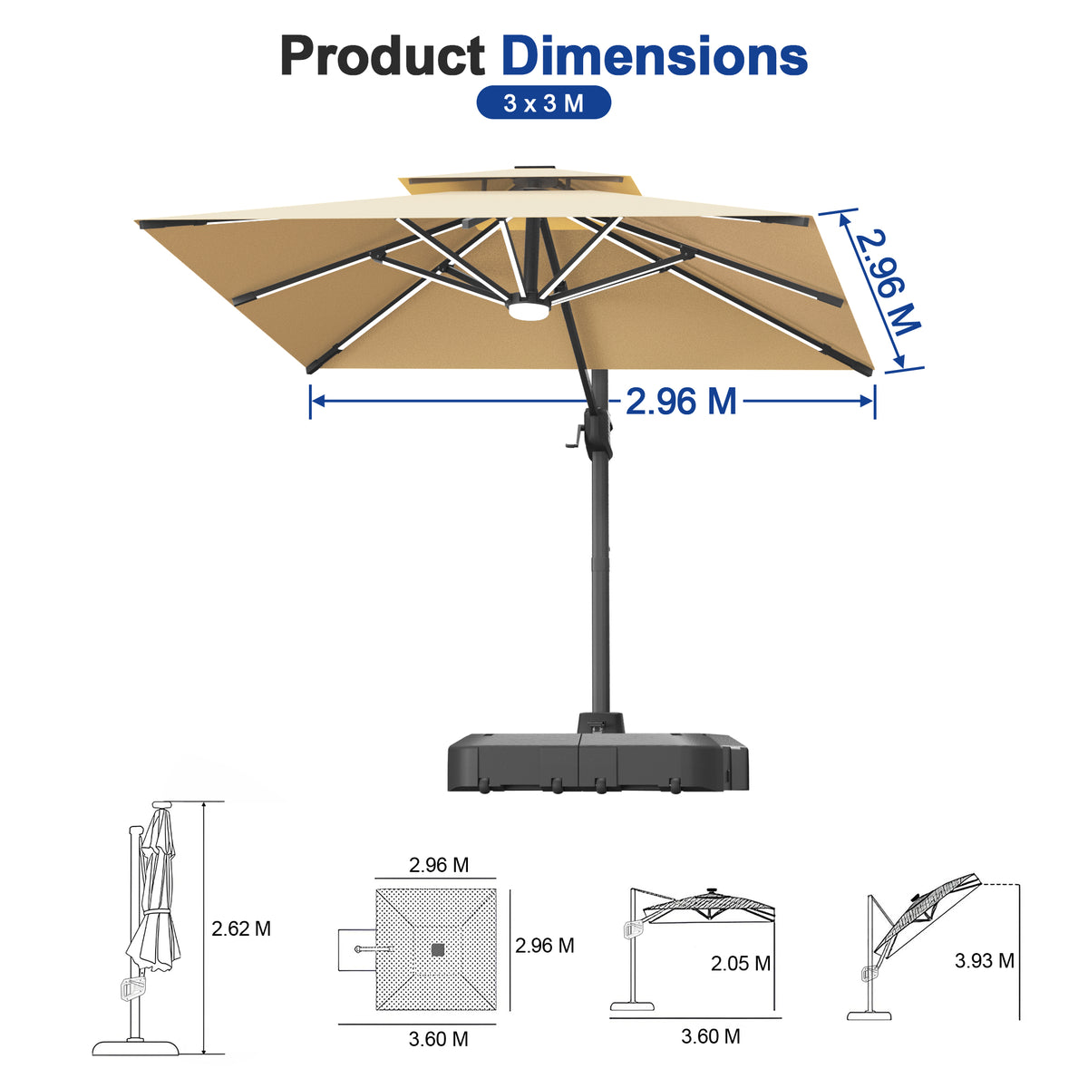 Sunvanta Auron Premium Cantilever Umbrella with Full-Rib LED Strip Lighting, Reinforced Fibreglass Ribs and Powder-Coated Aluminium Pole for Luxury Patio & Garden Shade