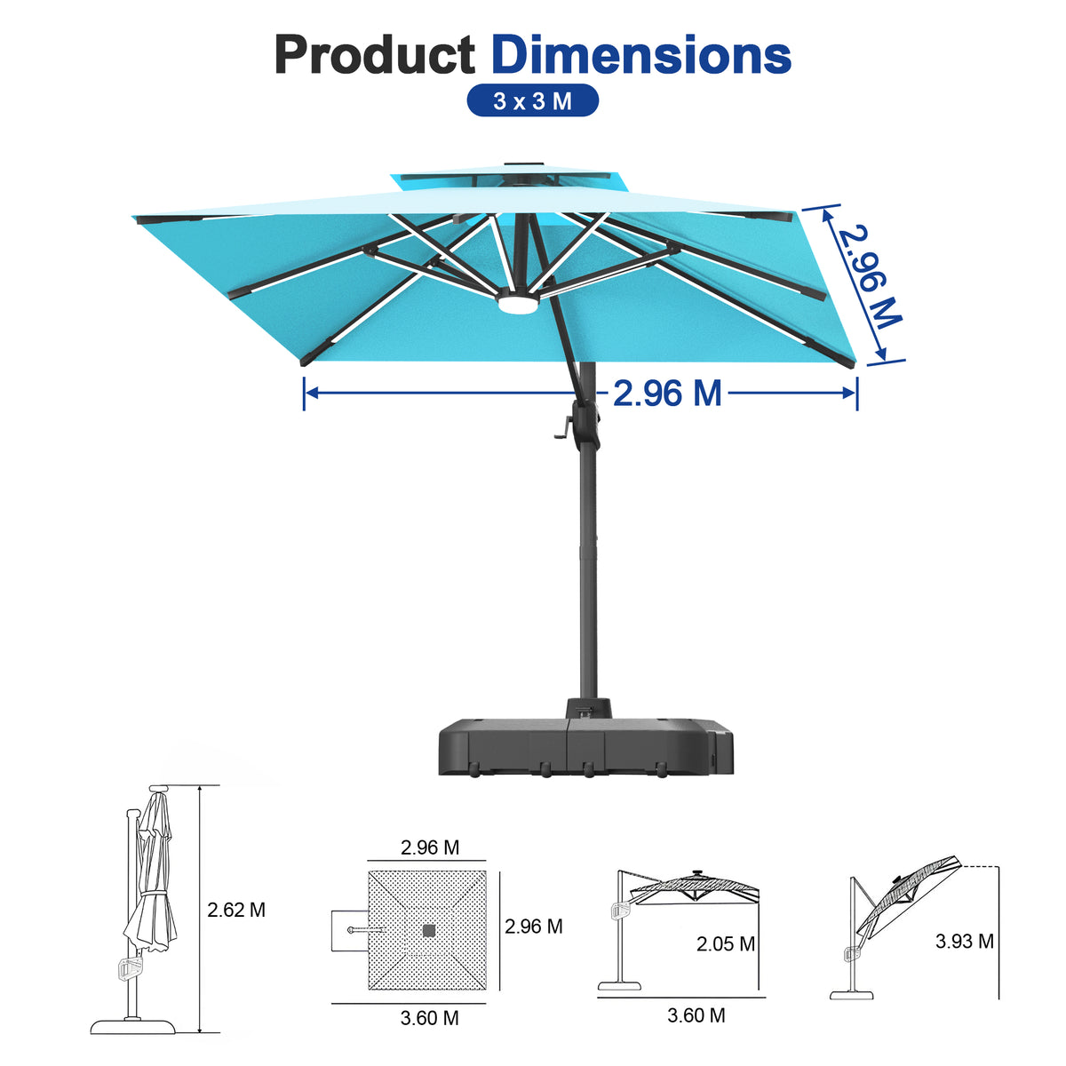 Sunvanta Auron Premium Cantilever Umbrella with Full-Rib LED Strip Lighting, Reinforced Fibreglass Ribs and Powder-Coated Aluminium Pole for Luxury Patio & Garden Shade