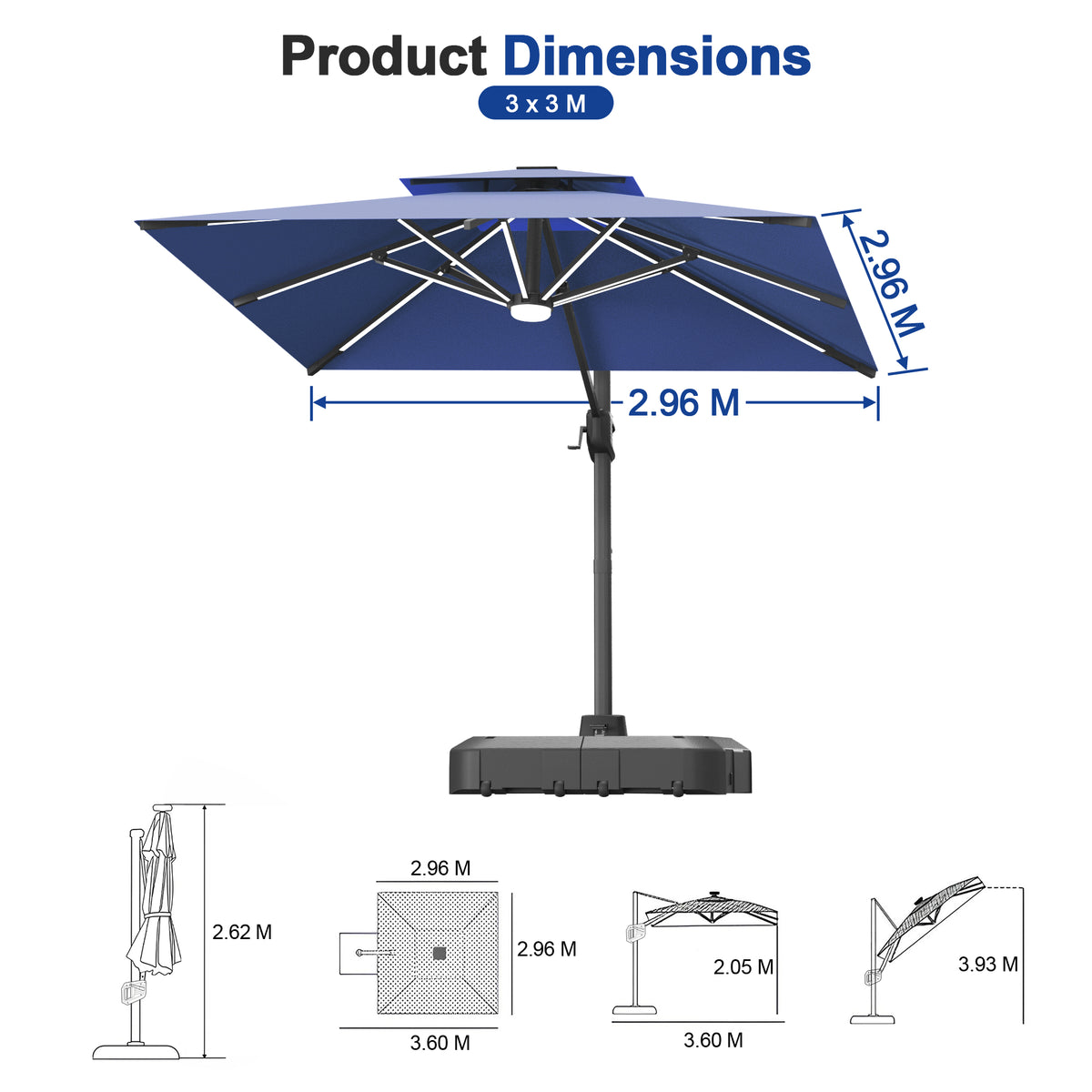 Sunvanta Auron Premium Cantilever Umbrella with Full-Rib LED Strip Lighting, Reinforced Fibreglass Ribs and Powder-Coated Aluminium Pole for Luxury Patio & Garden Shade