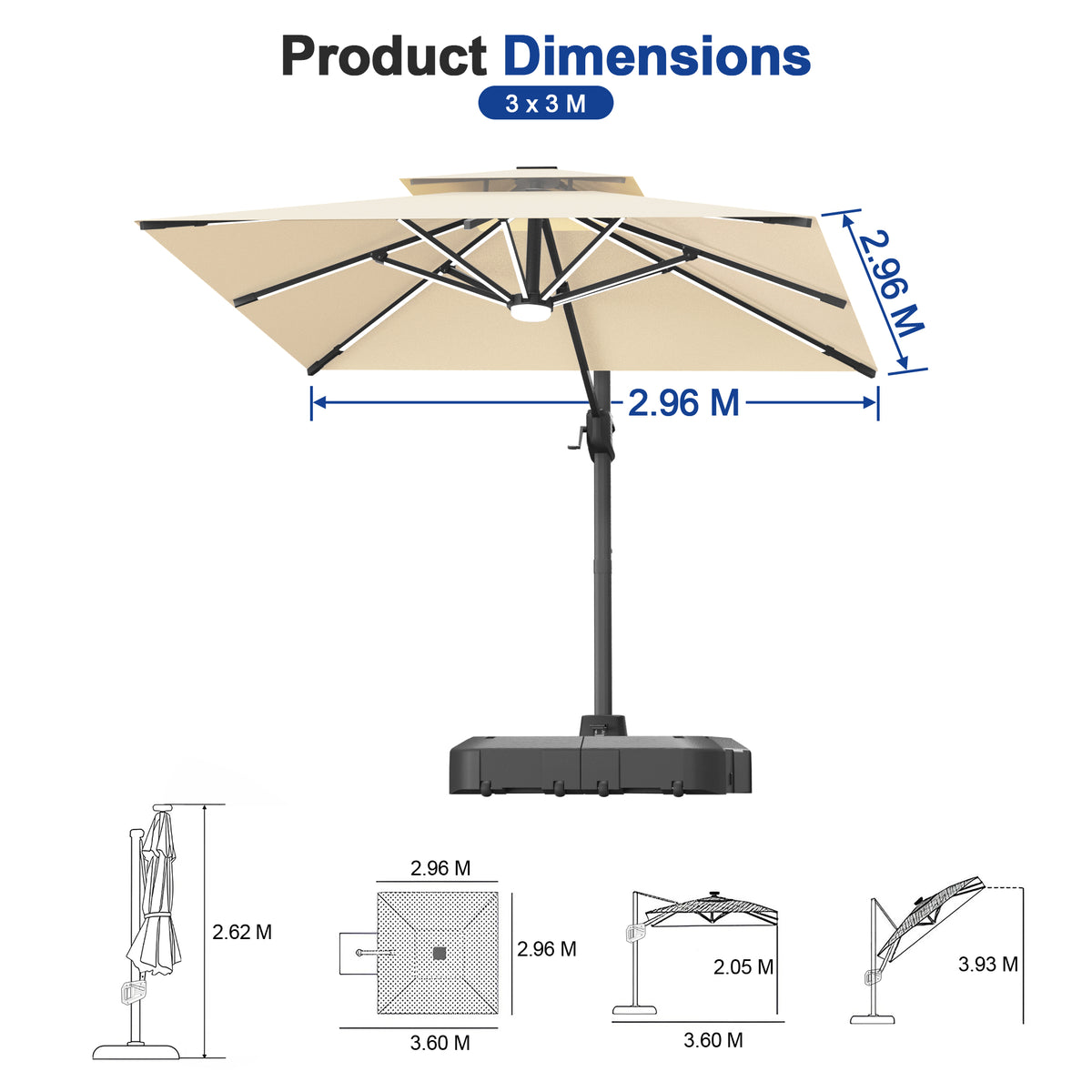 Sunvanta Auron Premium Cantilever Umbrella with Full-Rib LED Strip Lighting, Reinforced Fibreglass Ribs and Powder-Coated Aluminium Pole for Luxury Patio & Garden Shade