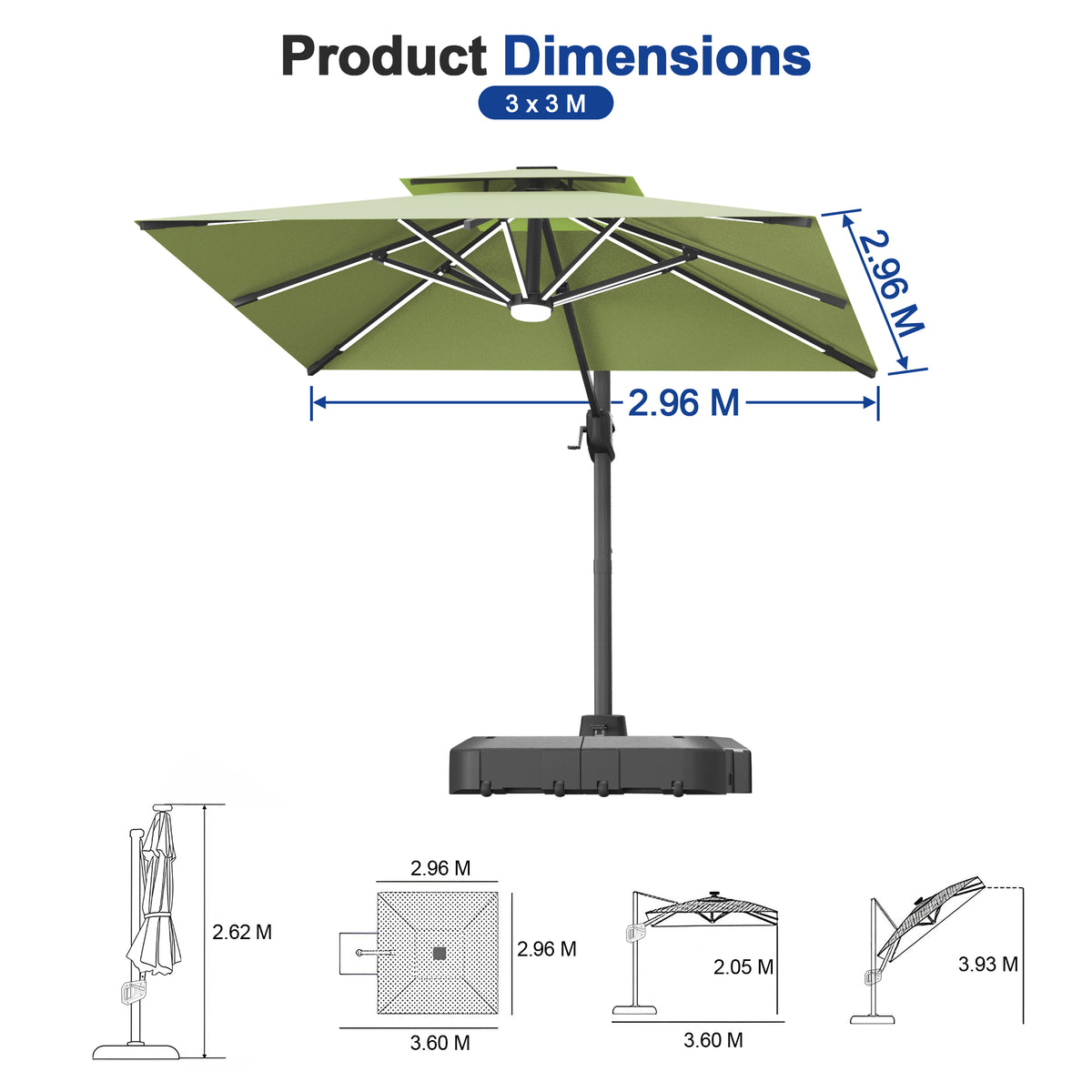 Sunvanta Auron Premium Cantilever Umbrella with Full-Rib LED Strip Lighting, Reinforced Fibreglass Ribs and Powder-Coated Aluminium Pole for Luxury Patio & Garden Shade
