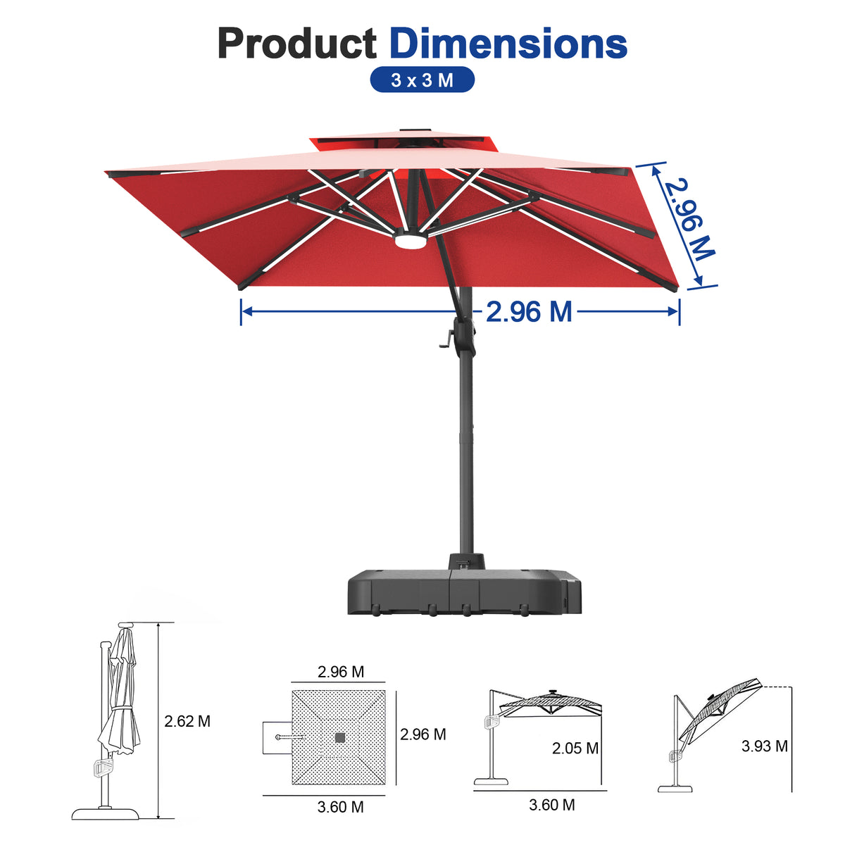 Sunvanta Auron Premium Cantilever Umbrella with Full-Rib LED Strip Lighting, Reinforced Fibreglass Ribs and Powder-Coated Aluminium Pole for Luxury Patio & Garden Shade
