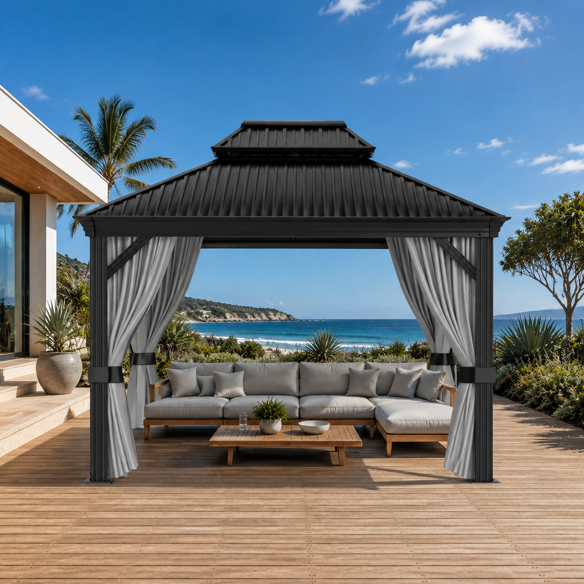Sunvanta Haven 10 × 12 ft Grey Hardtop Gazebo – Aluminum Outdoor Shelter with Ventilated Roof & Curtains