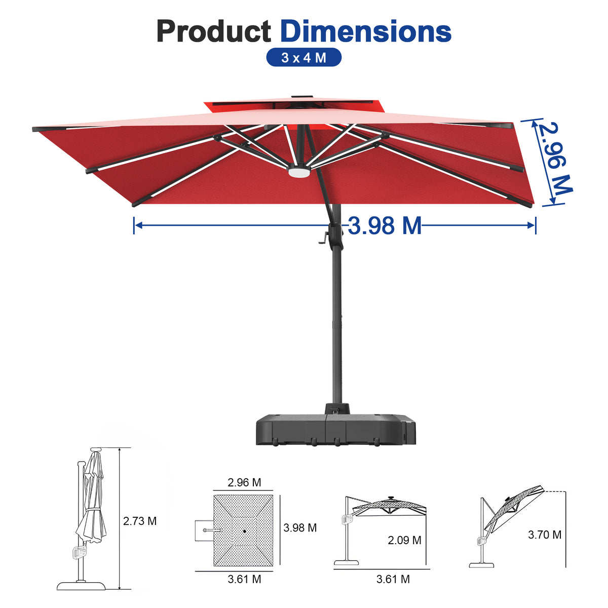 Sunvanta Auron Premium Cantilever Umbrella with Full-Rib LED Strip Lighting, Reinforced Fibreglass Ribs and Powder-Coated Aluminium Pole for Luxury Patio & Garden Shade