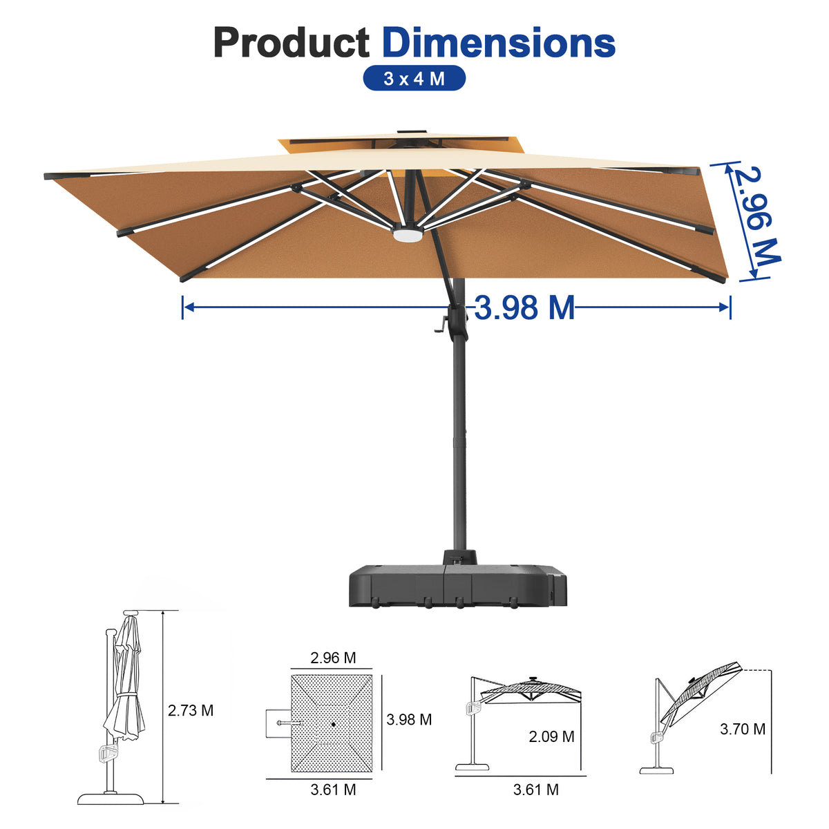 Sunvanta Auron Premium Cantilever Umbrella with Full-Rib LED Strip Lighting, Reinforced Fibreglass Ribs and Powder-Coated Aluminium Pole for Luxury Patio & Garden Shade